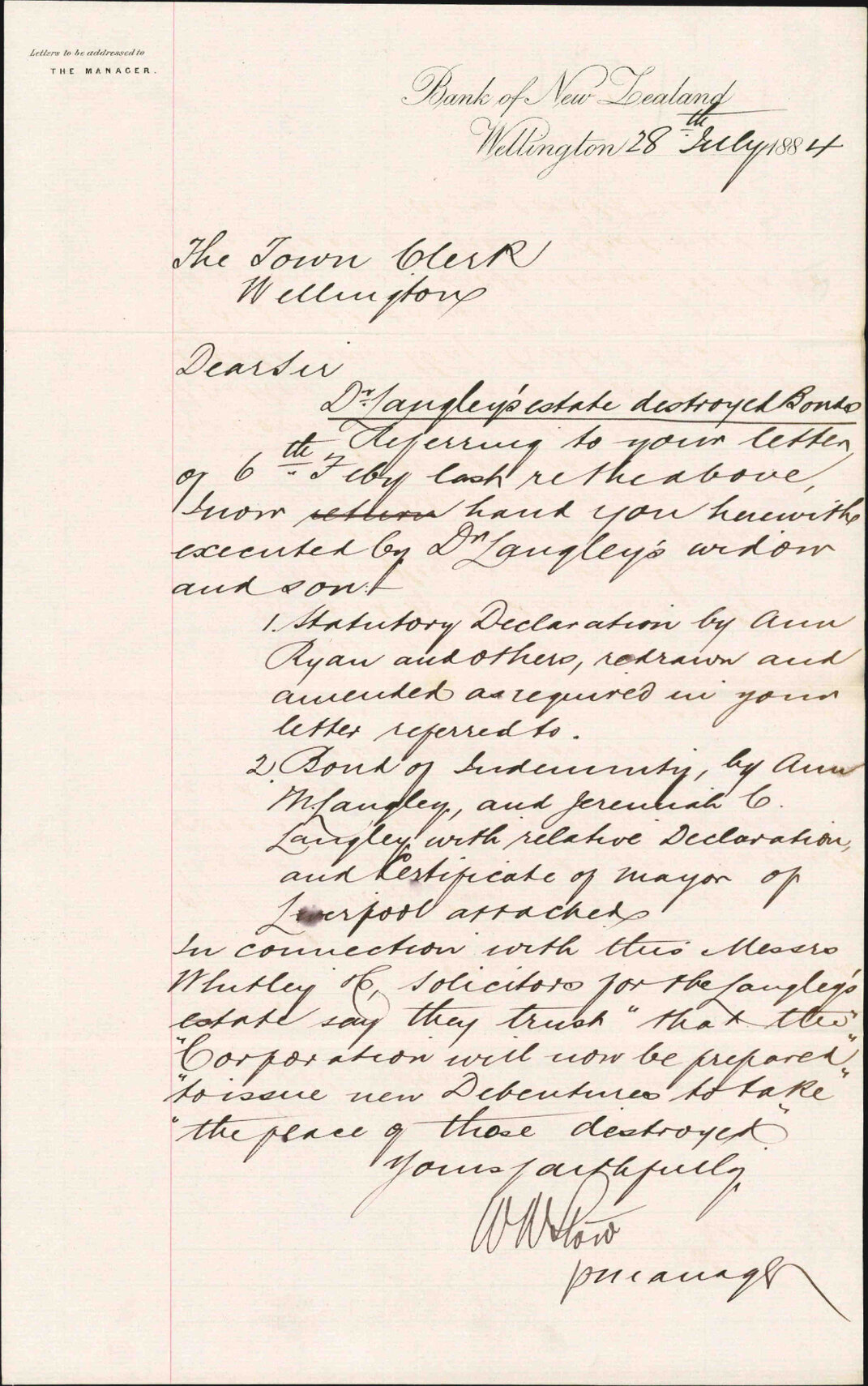 Destroyed bonds (Dr Langley's Estate) - Bank of New Zealand