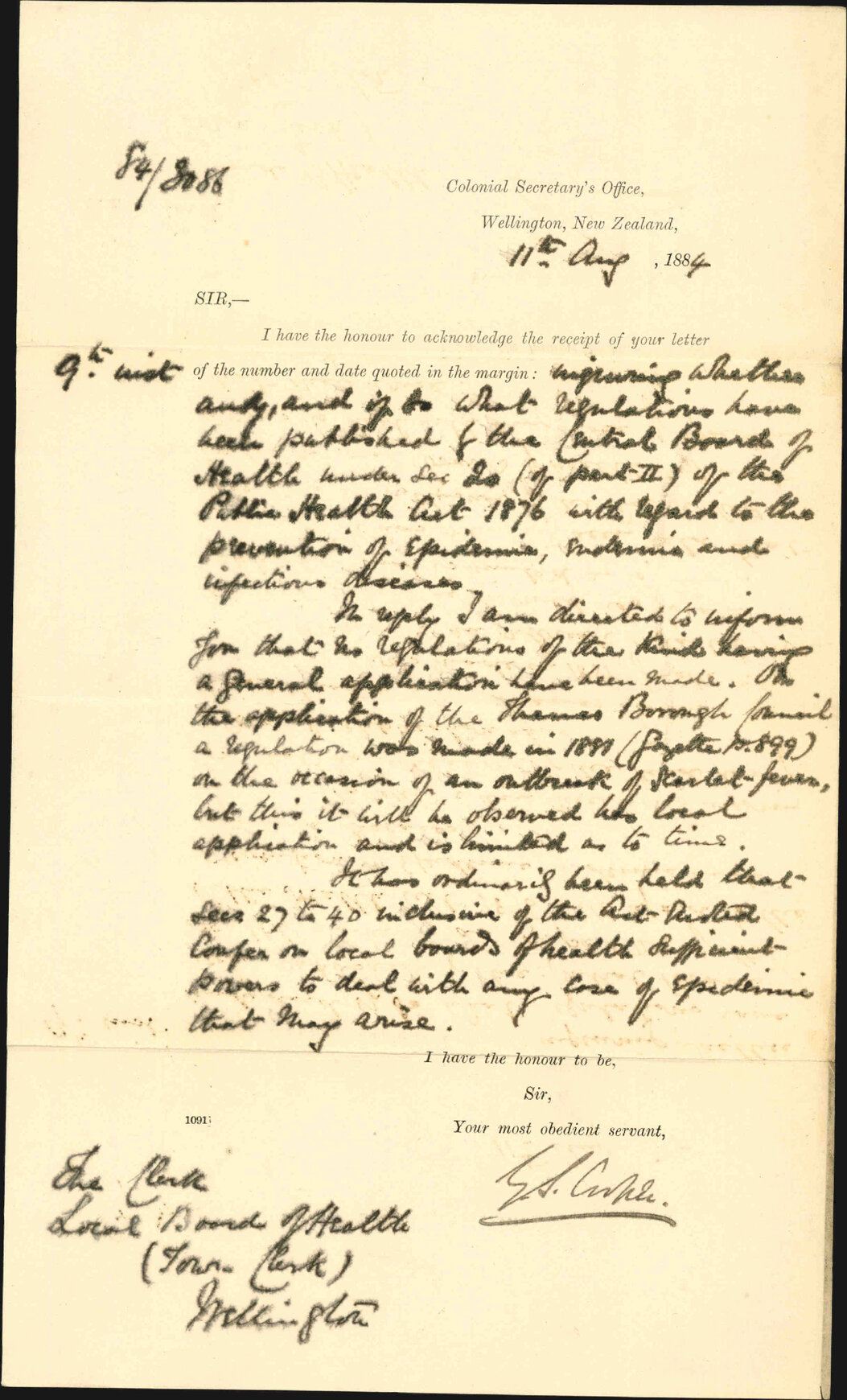 Reply to our letter of the 9th inst as to infectious diseases and Board of Health - Colonial Secretary