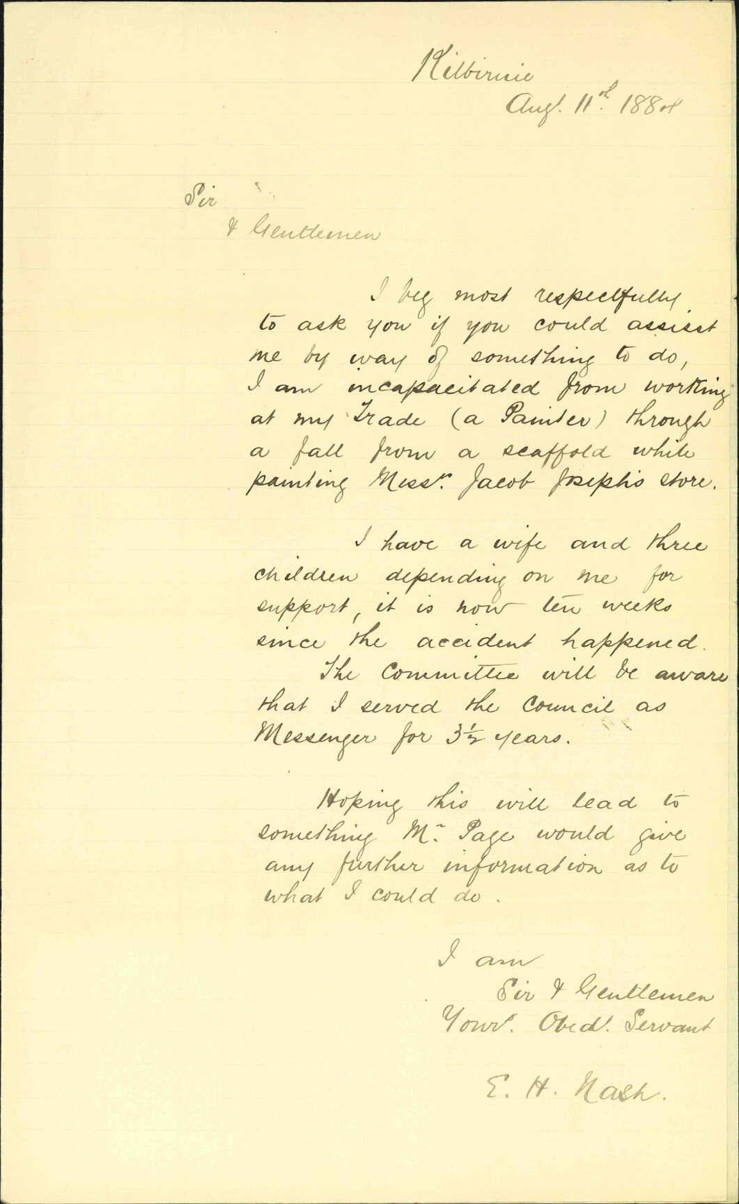 Asking for employment - E H Nash