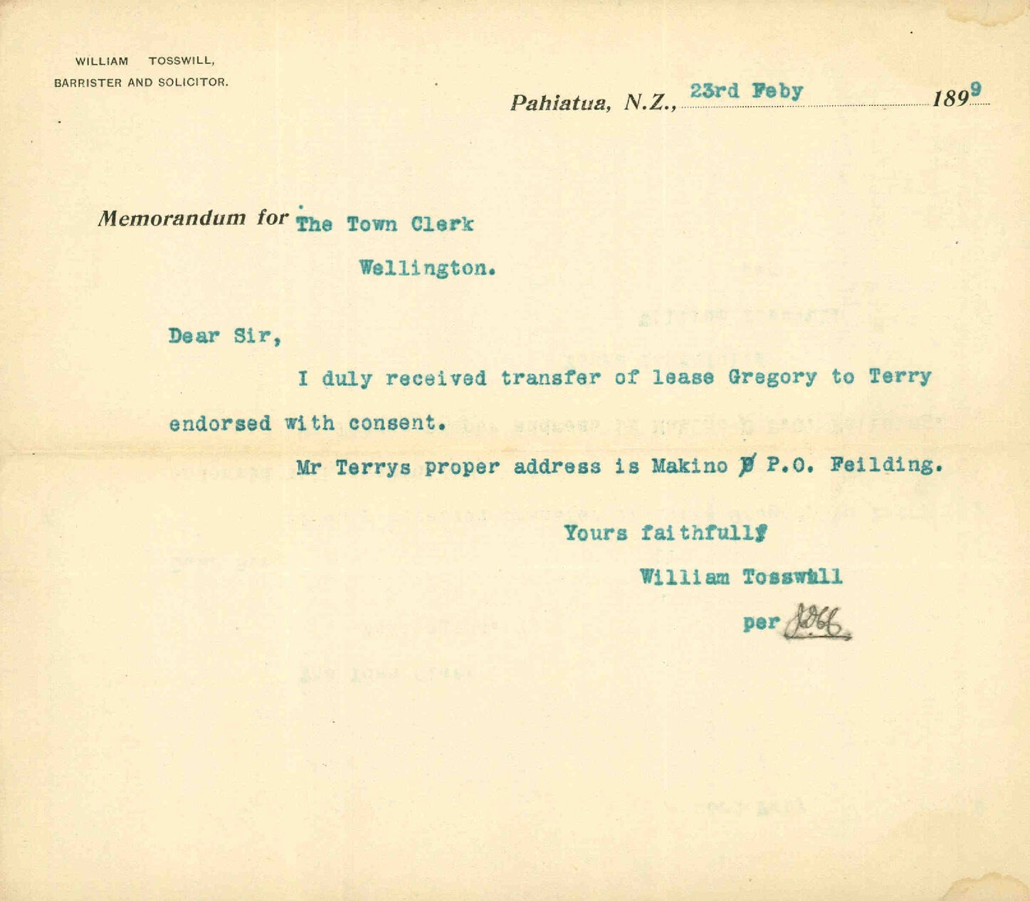 Transfer of lease, Gregory to Perry - W Tosswill