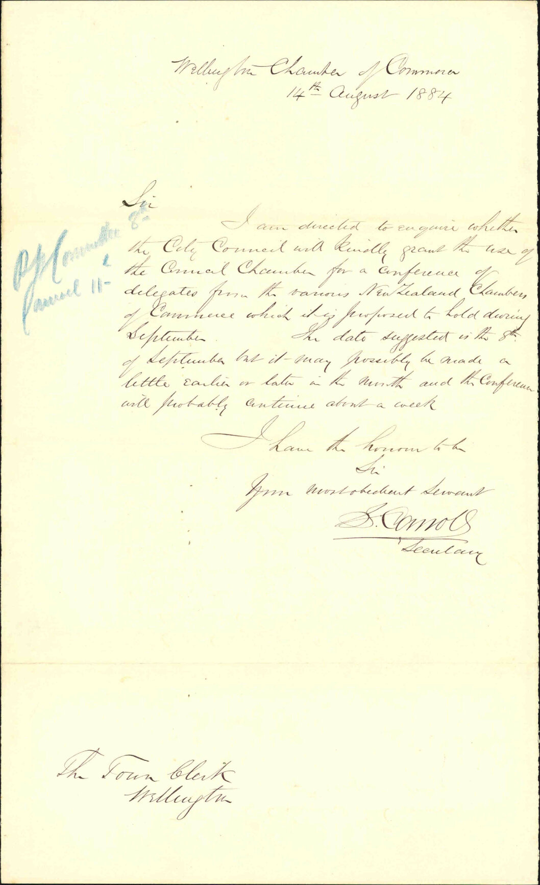 Asking for loan of Council Chamber for meeting - Chamber of Commerce