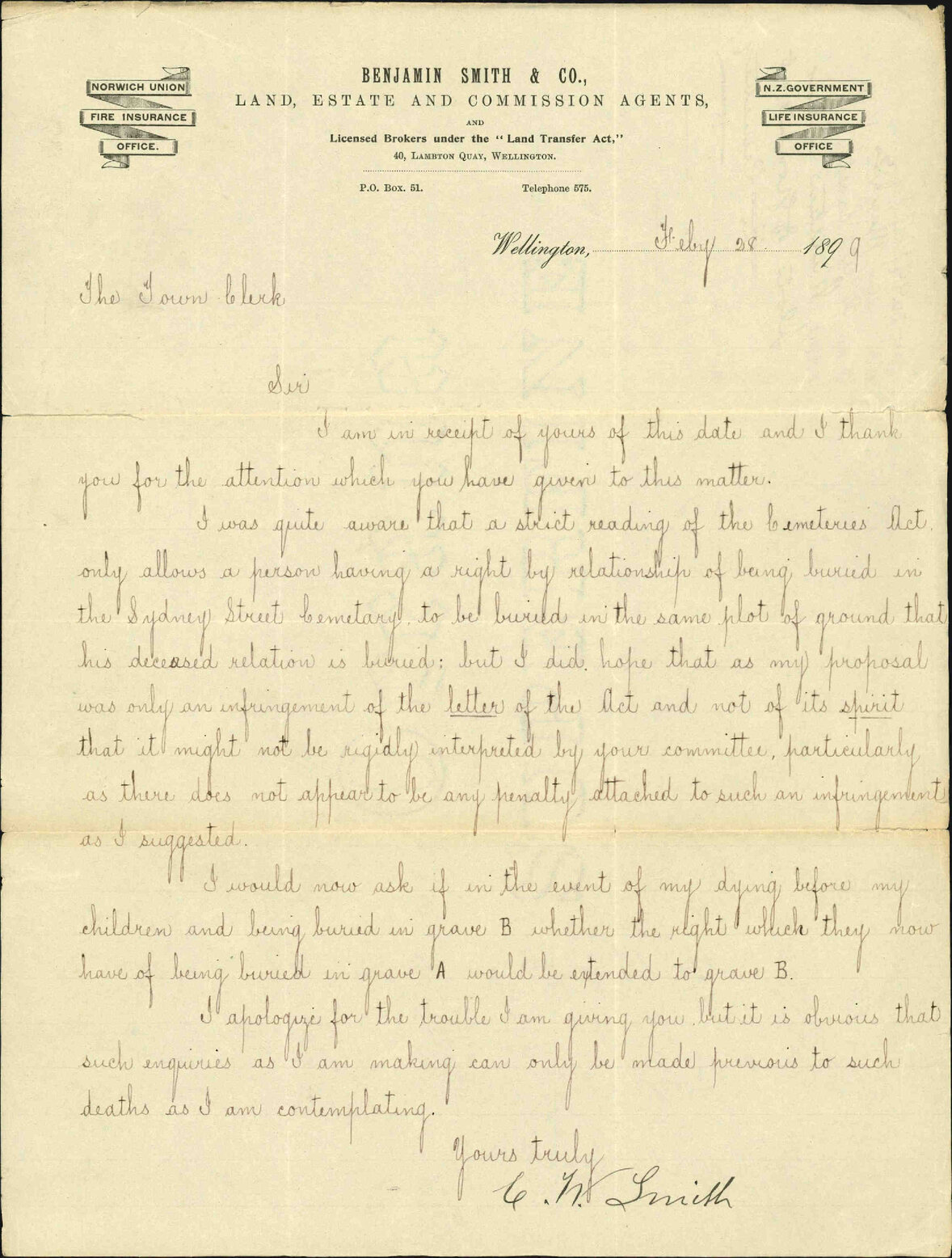 Further regarding his plots of ground at the Cemetery - C W Smith
