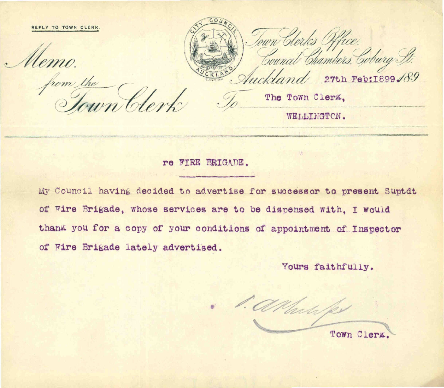 Fire Brigade - Town Clerk, Auckland