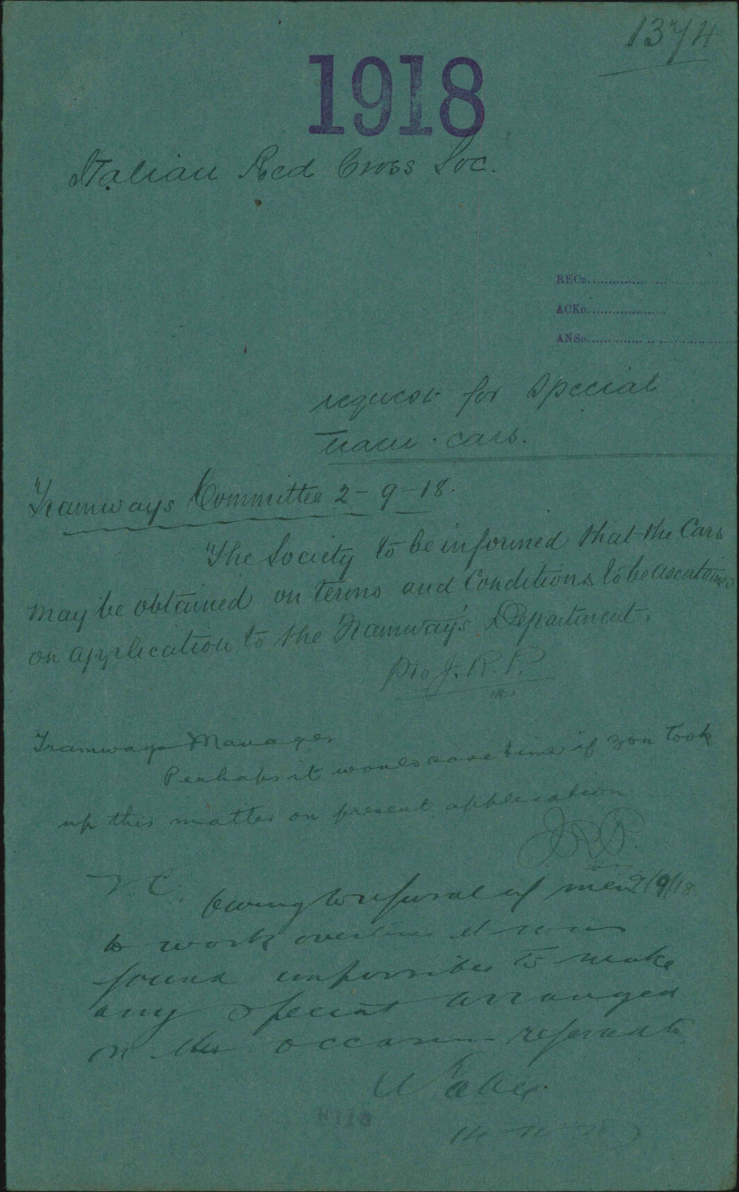 Request for special tram cars - Italian Red Cross Society