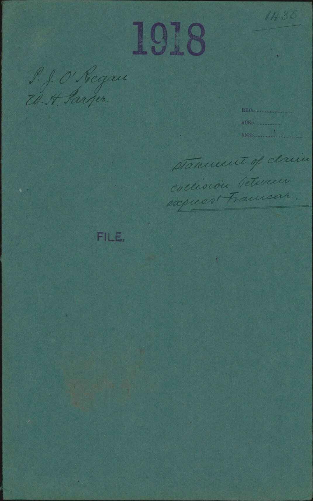 Statement of claim, collision between express and tramcar - P J O'Regan; W H Parker