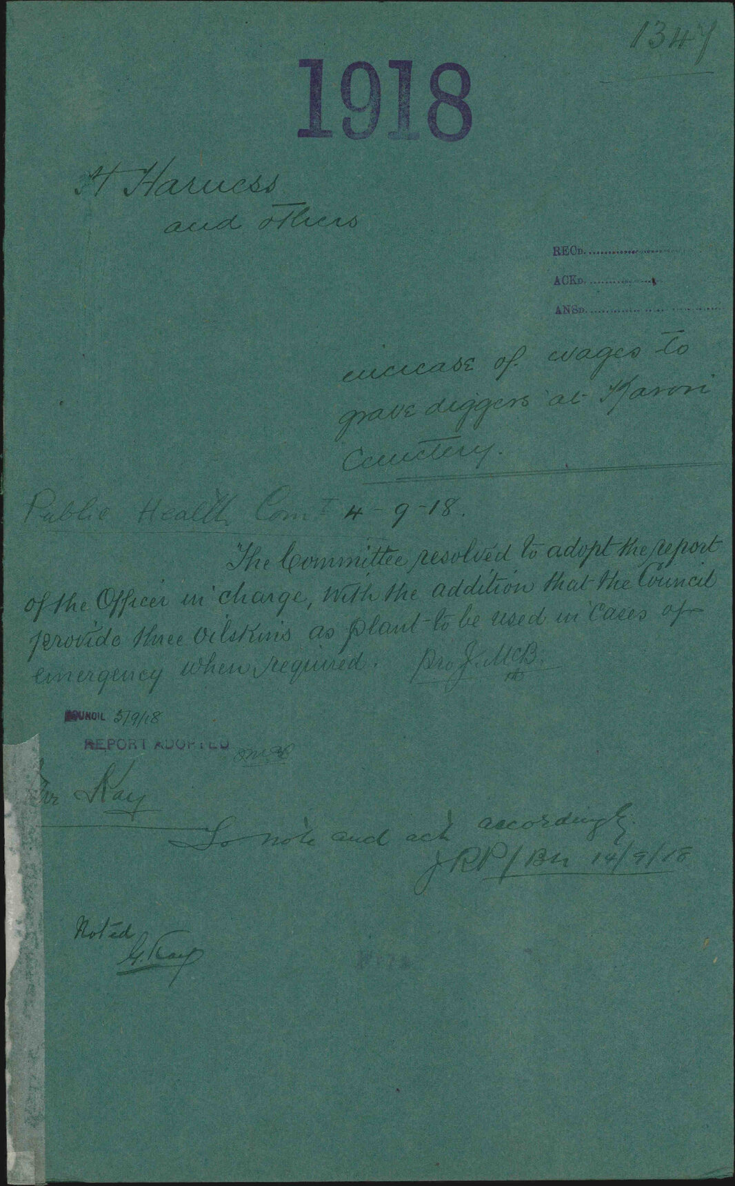 Increase of wages to grave diggers at Karori Cemetery - H Harness and others