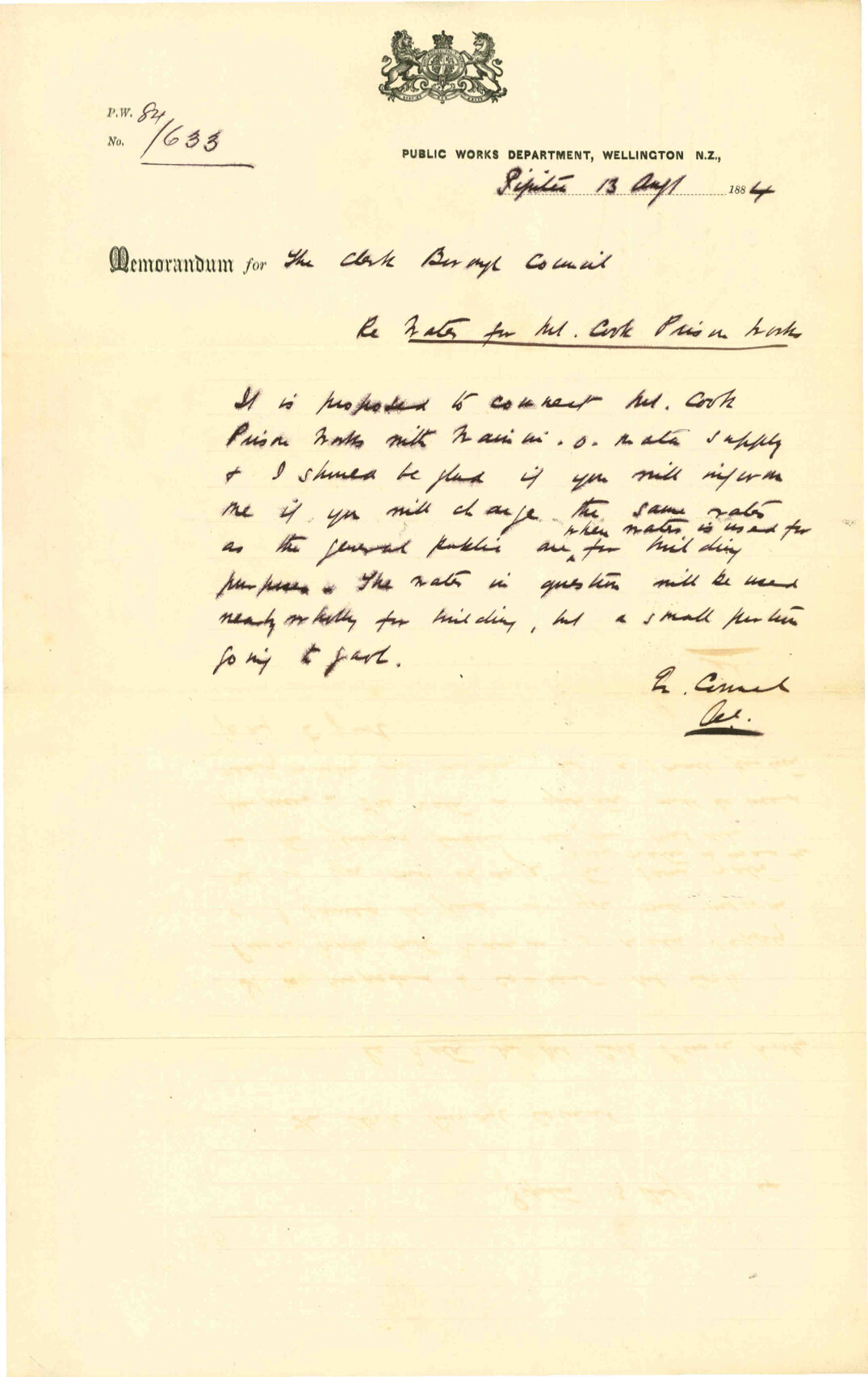 Water for Mount Cook Prison works - Public Works Department