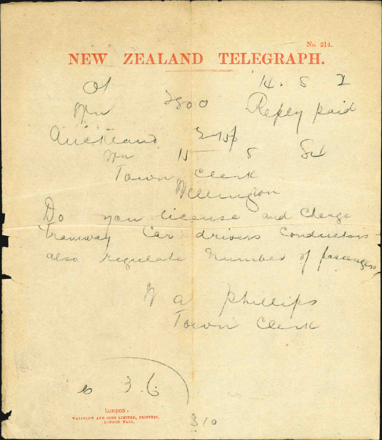Enquiry as to Tramway drivers etc - Town Clerk Auckland