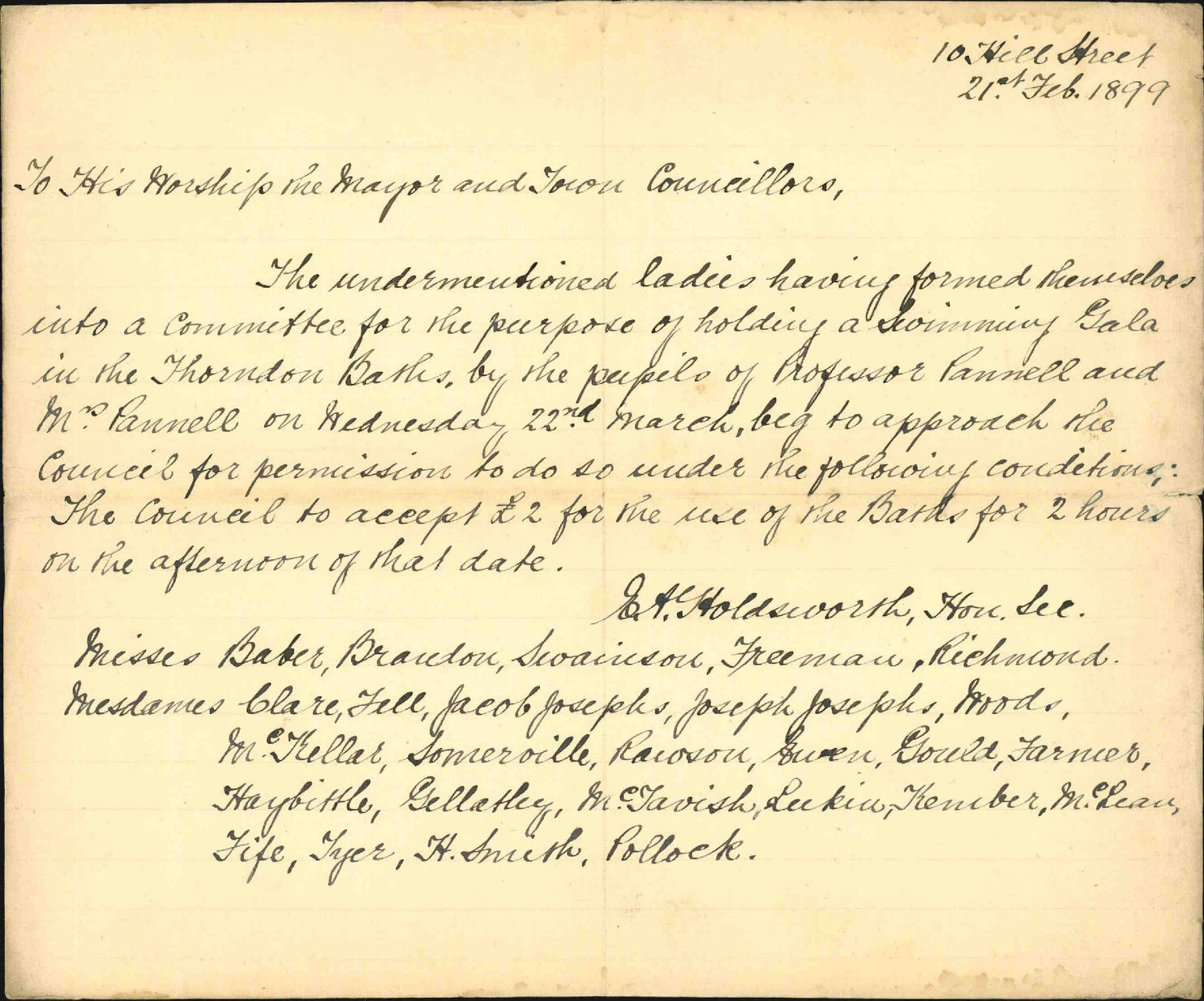 Asking use of the Thorndon Baths on 22nd March - Mrs Holdsworth and others