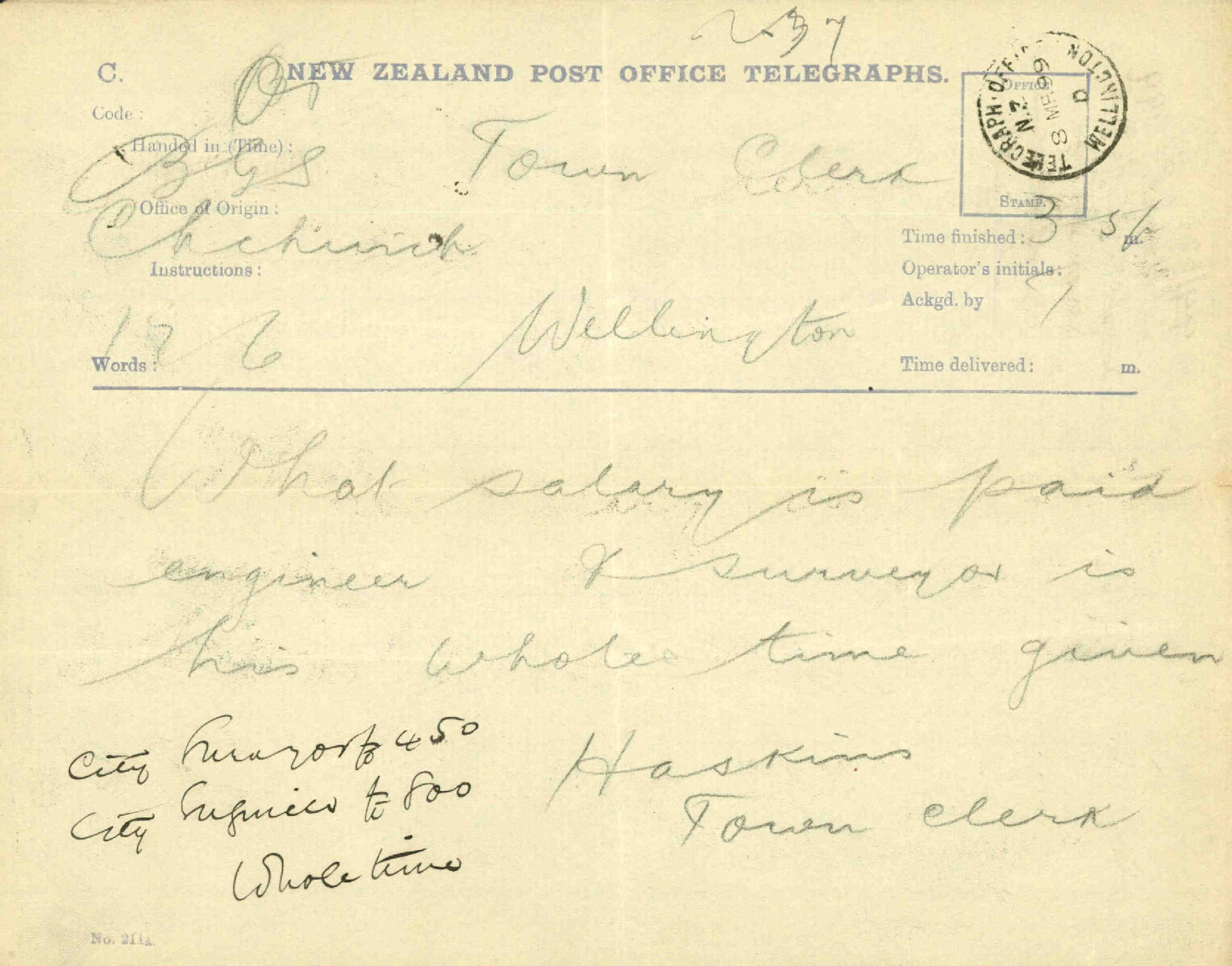 Enquiry regarding salaries - Town Clerk, Christchurch