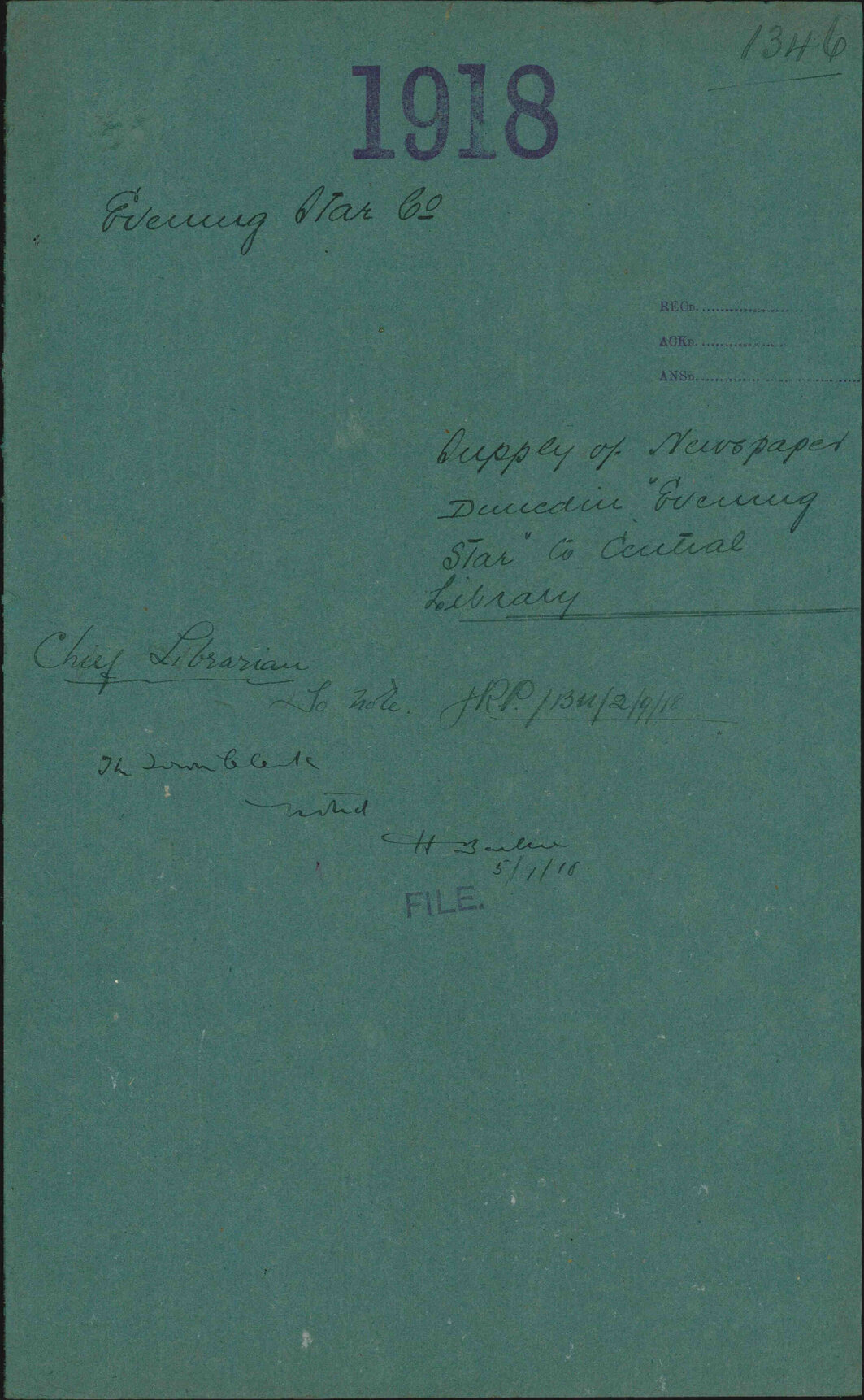 Supply of newspaper, Dunedin 'Evening Star' to Central Library - Evening Star Co