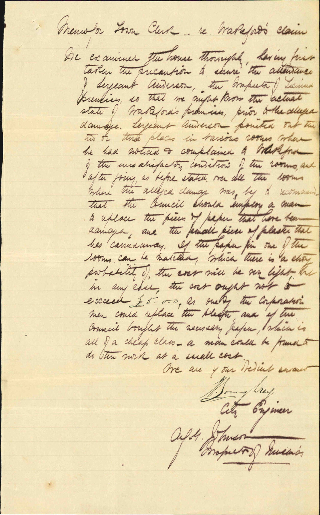 1. A Wakeford, asking for compensation for damage to Barretts Hotel by Fire Brigade 2. Alfred Johnson (Inspector of Nuisances) memo to Town Clerk re Wakeford's claim