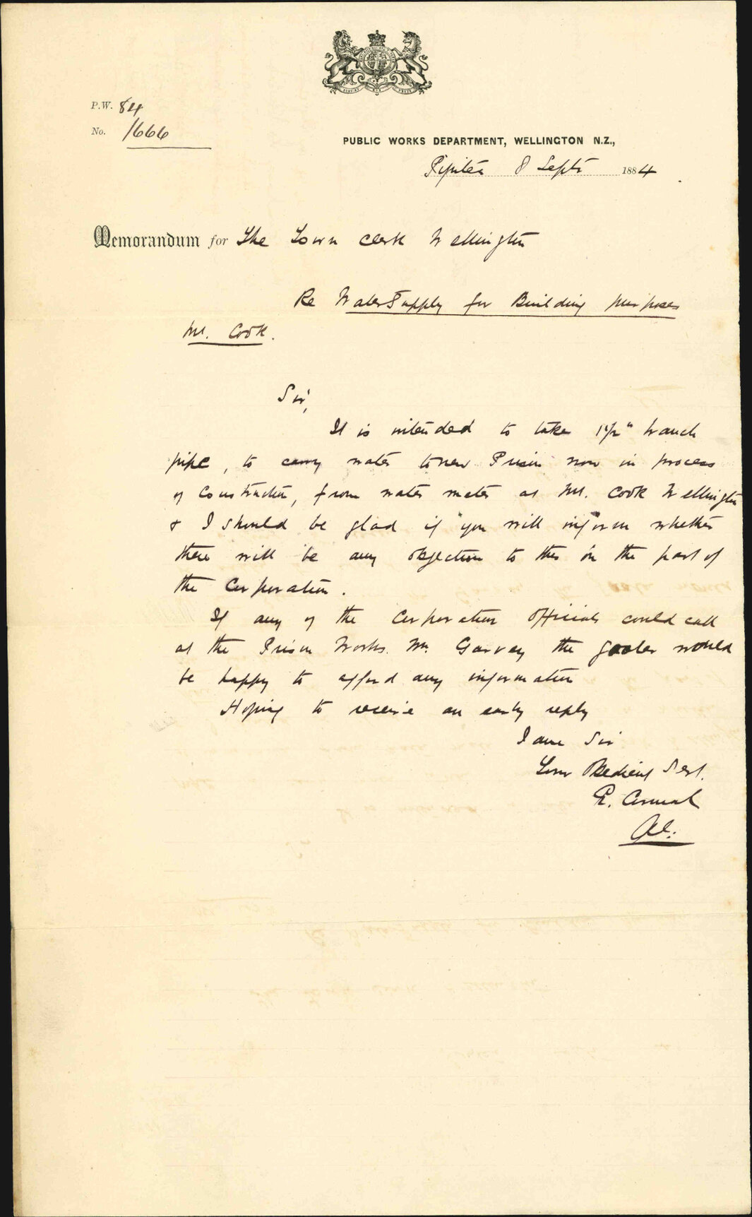 Water for Mount Cook Prison works - Public Works Department