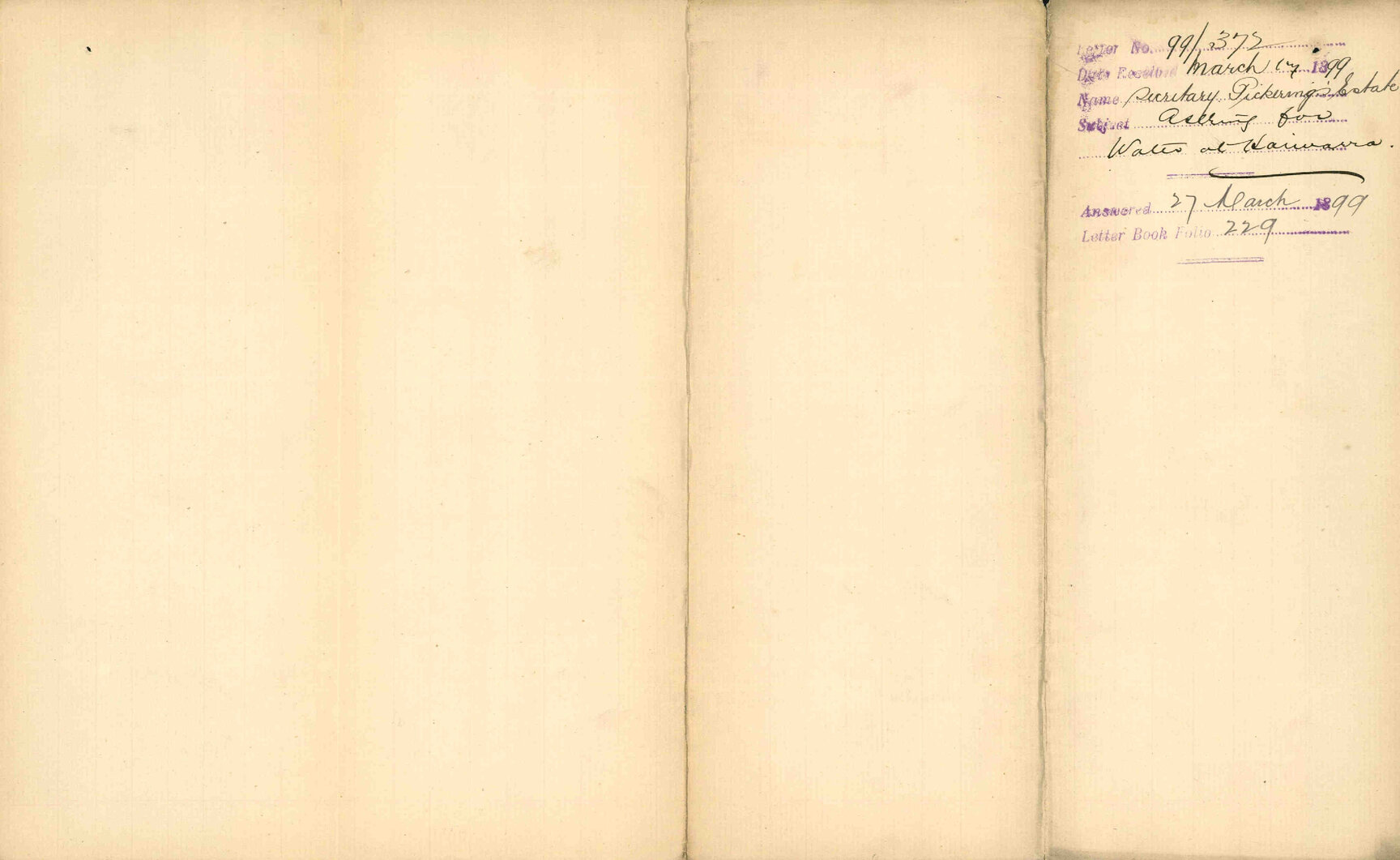 Asking for water at Kaiwarra [Kaiwharawhara] - Secretary, Pickering's Estate