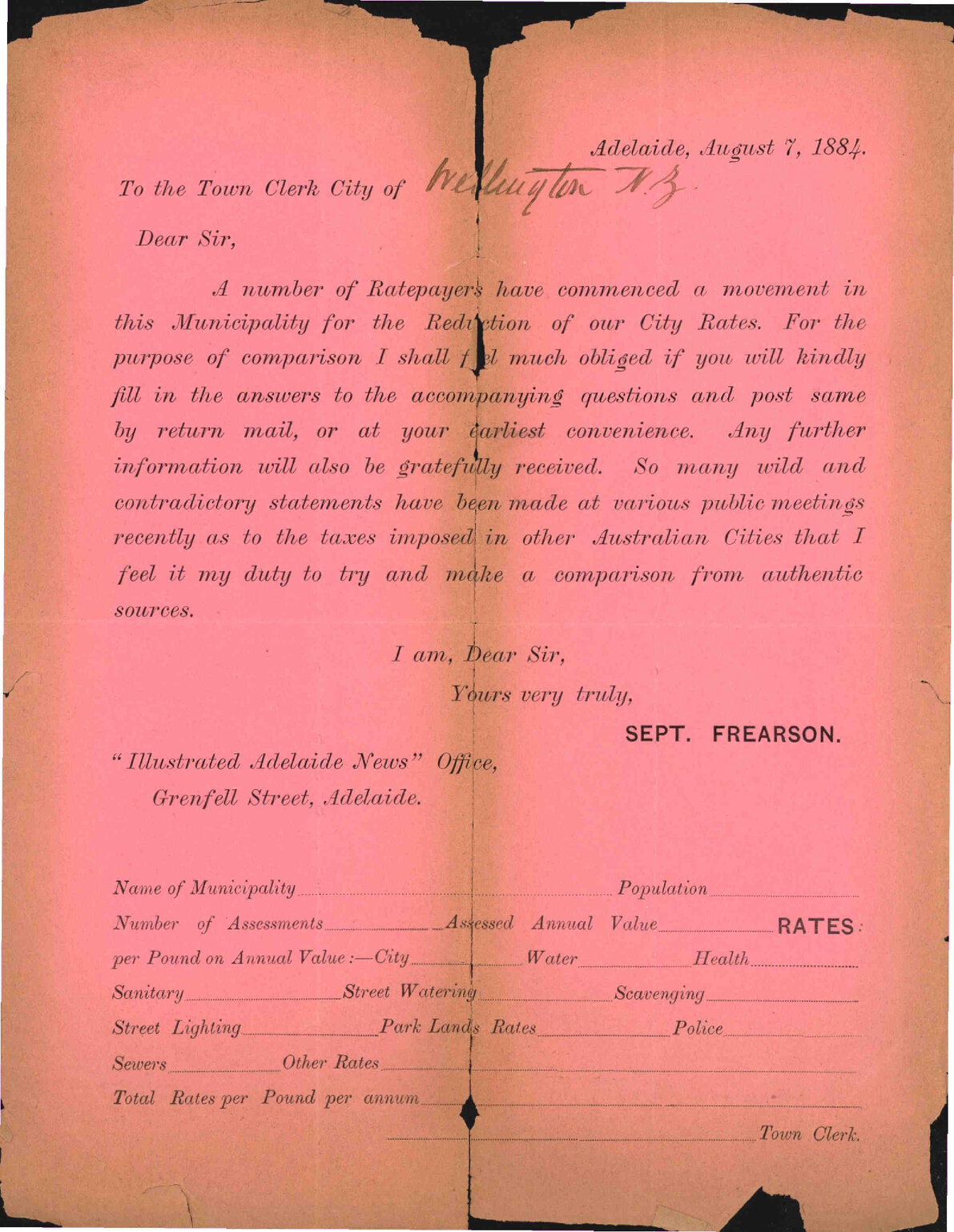 Asking information as to rates etc - S Treason (Adelaide)