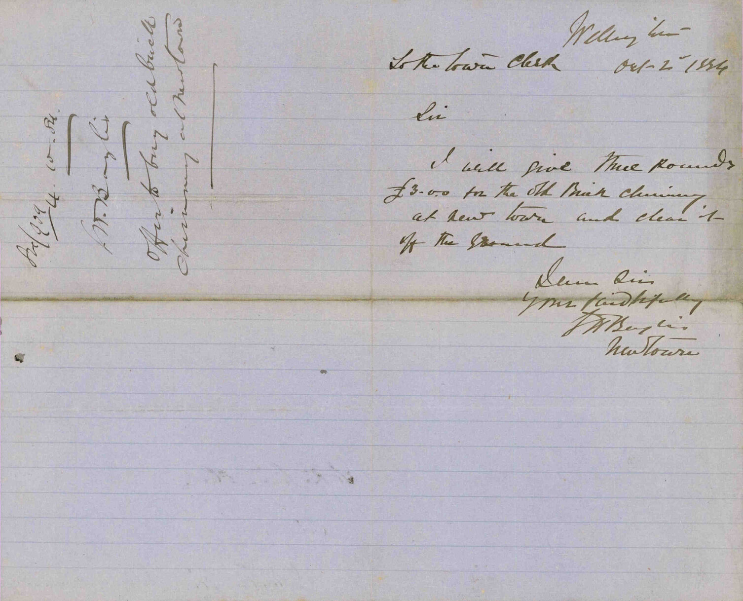Offer to buy old brick chimney at Newtown - G H Baylis