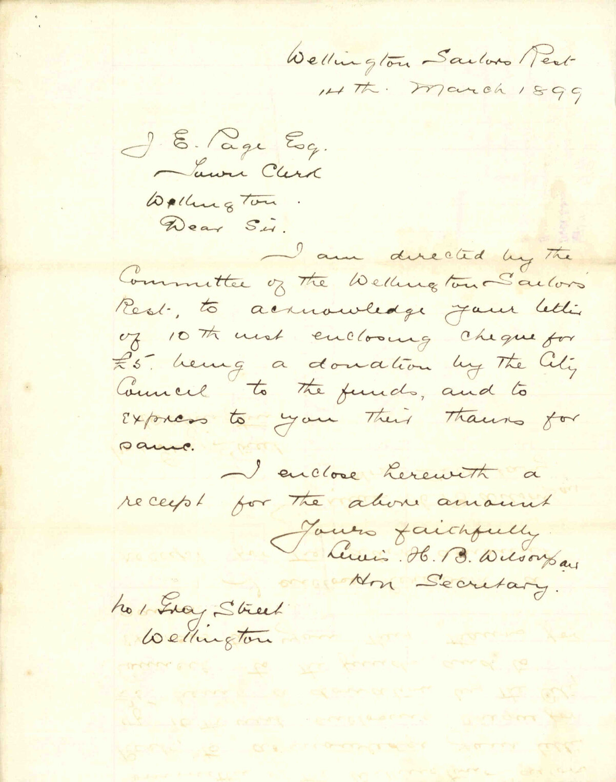 Acknowledgement of subscription - Sailors' Rest
