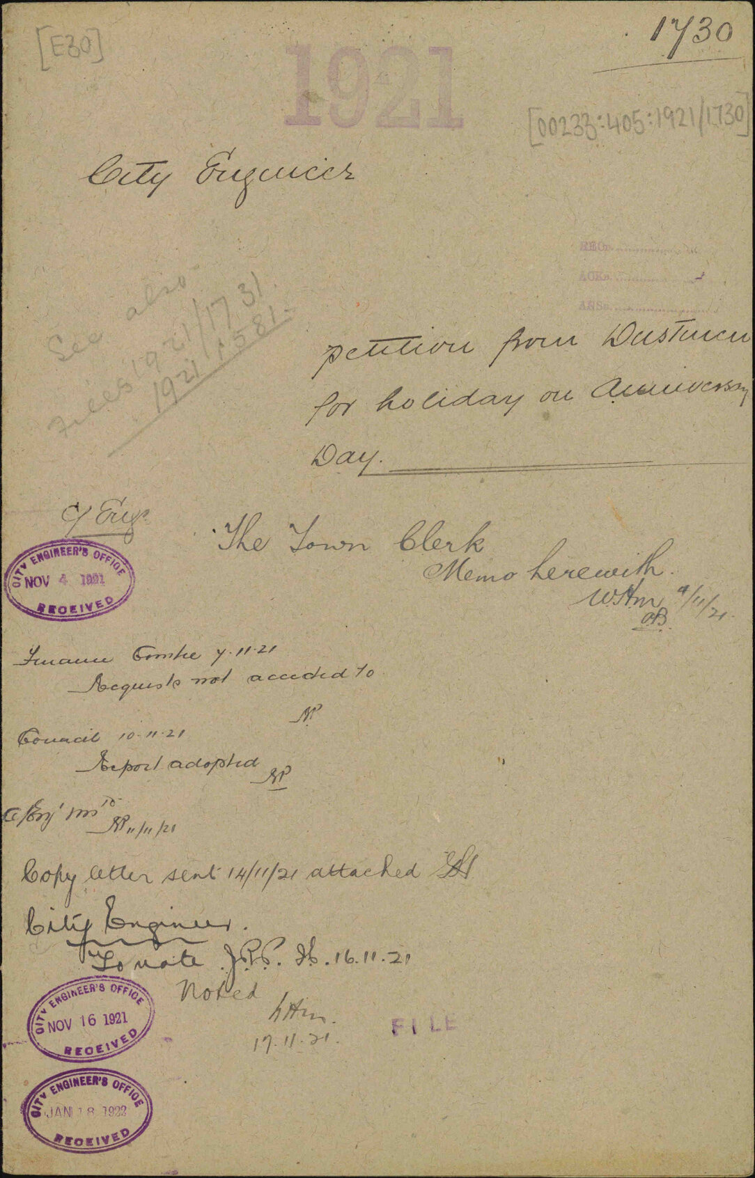 Petition from dustmen for holiday on Anniversary Day - City Engineer