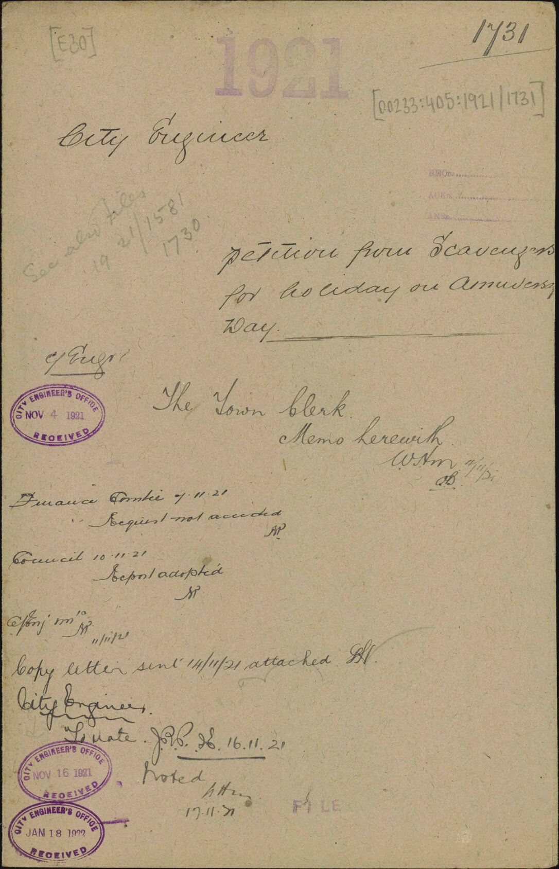 Petition from scavengers for holiday on Anniversary Day - City Engineer