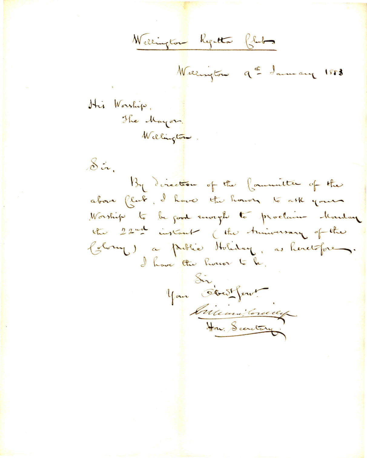 Asking that Anniversary Day, 22 Jan, might be proclaimed a holiday - Wellington Regatta Club