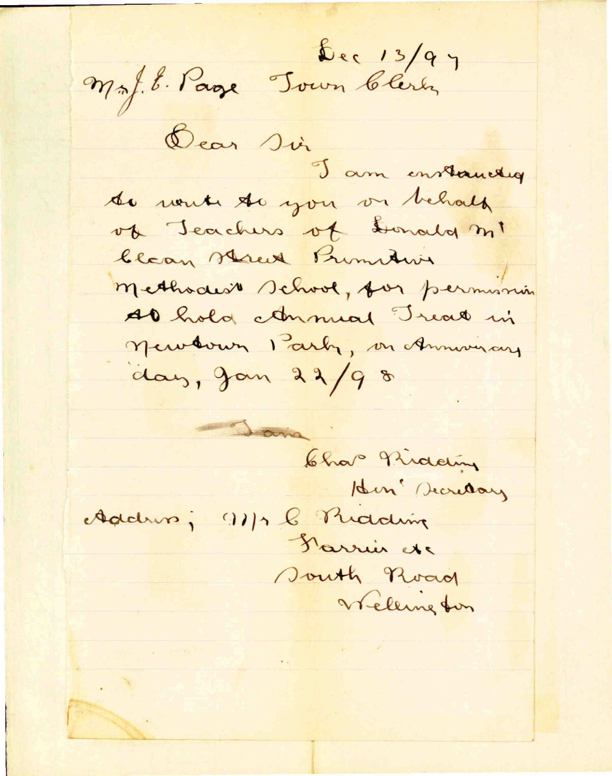 Asking leave to hold their annual treat in Newtown Park on Anniversary Day - Newtown Primitive Methodist School