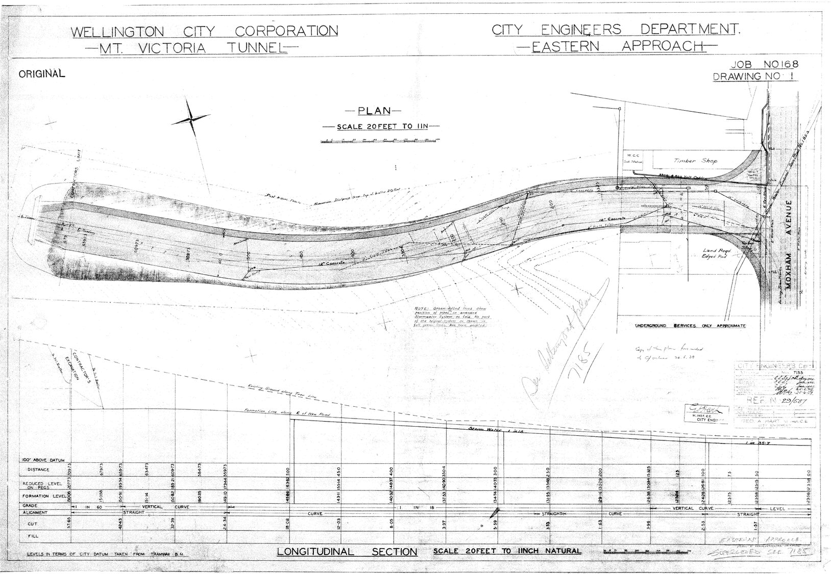 Mount Victoria Tunnel, Job 168 sheet 1, eastern approach, site plan and longitudinal section