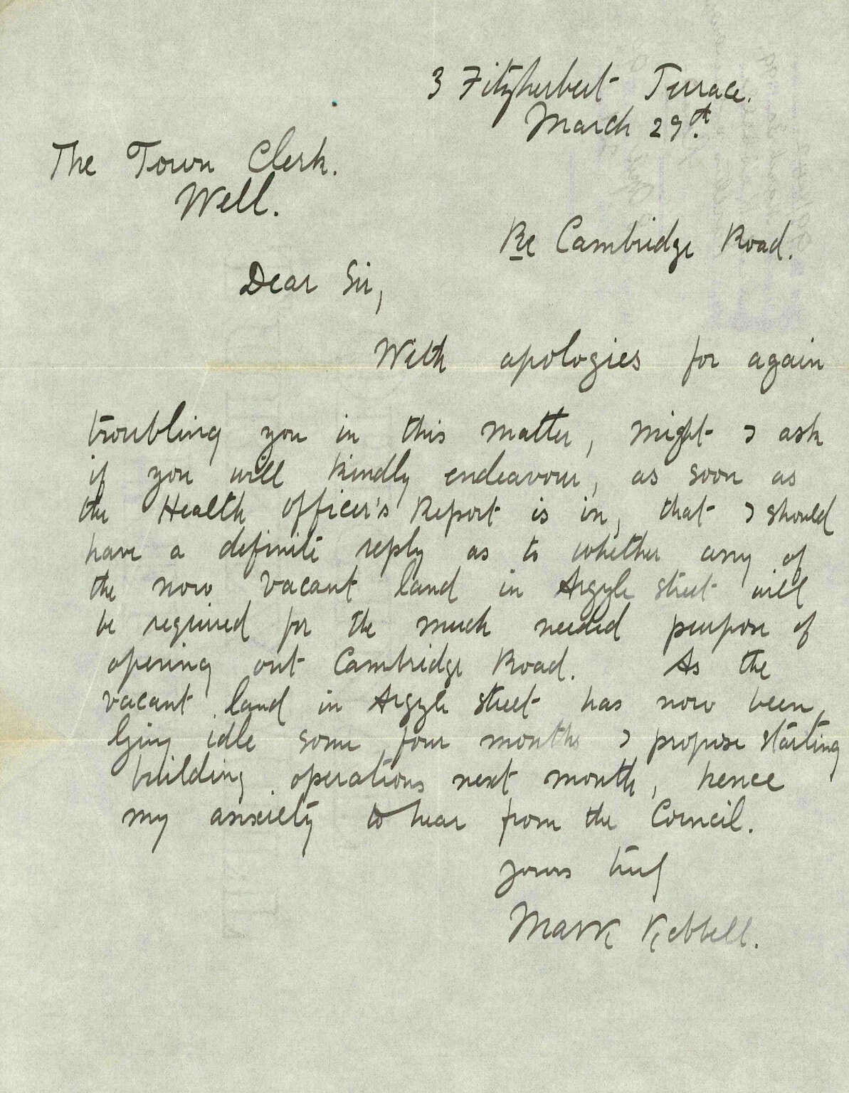 Further regarding Cambridge Road [Tennyson Street] - M Kebbell
