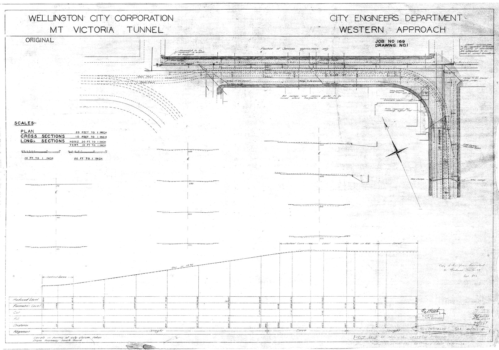 Mount Victoria Tunnel, Job 169 sheet 1, western approach, plan, longitudinal and cross sections