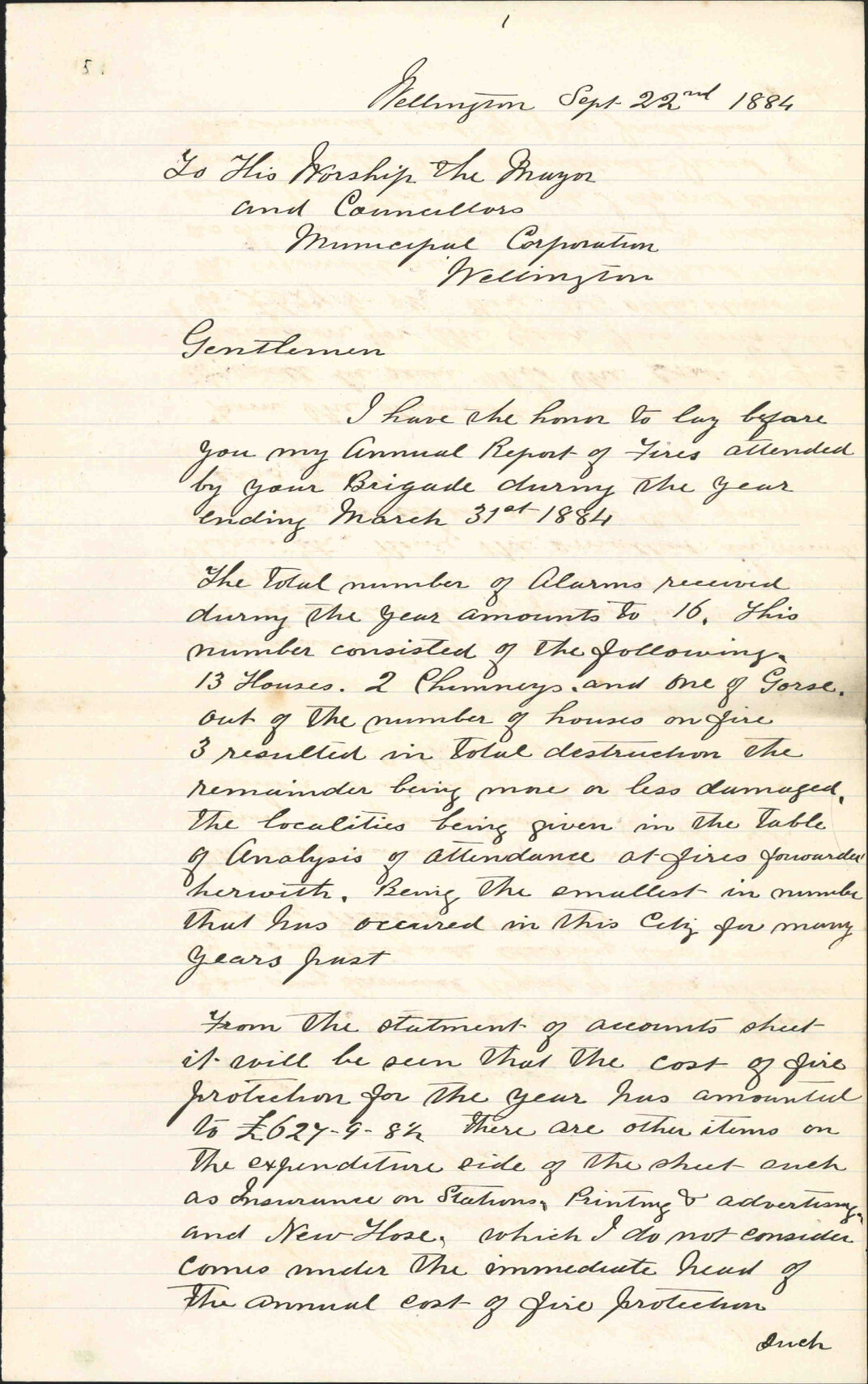 Municipal Fire Brigade Superintendent, Annual report for year ending March 31st 1884