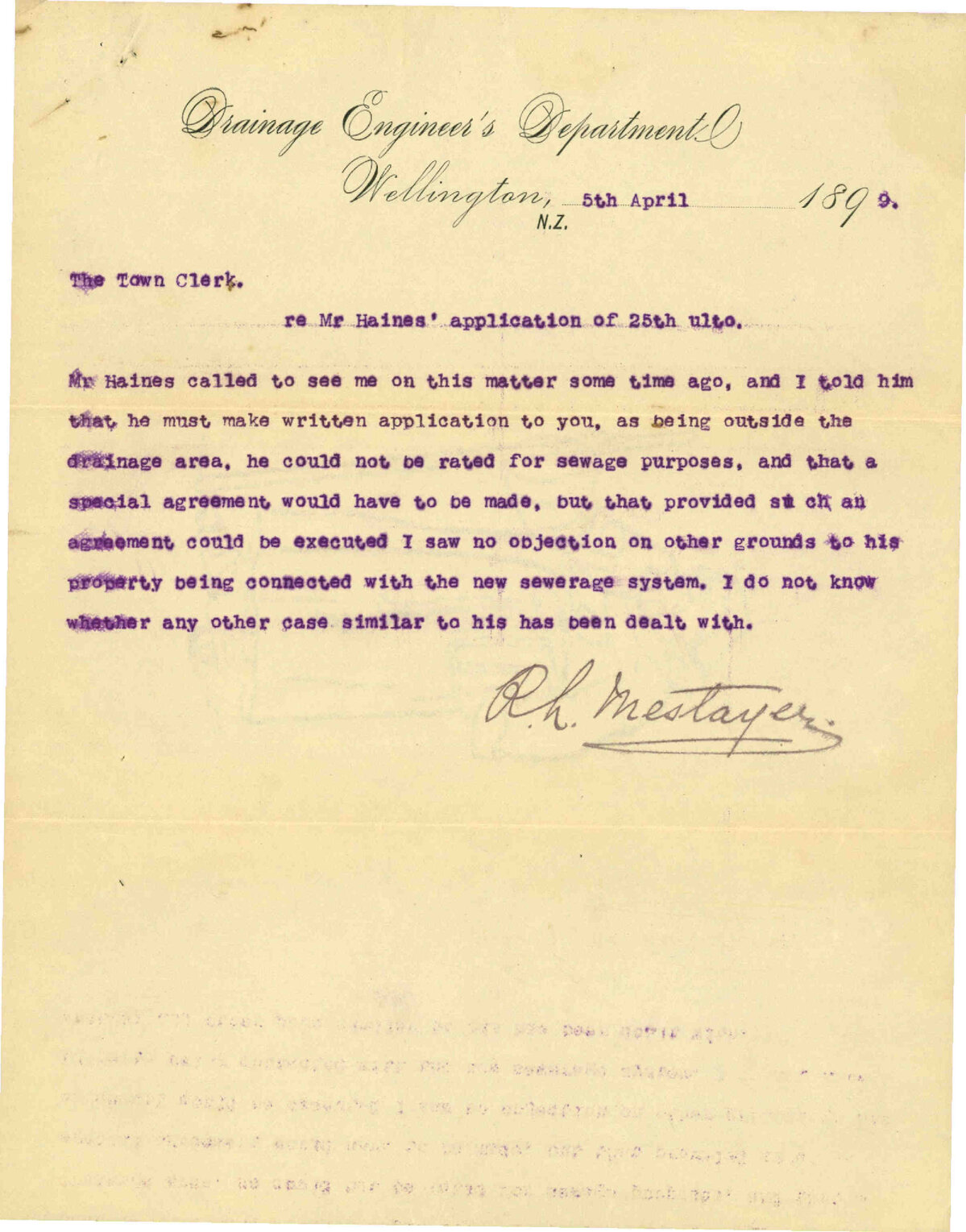 Drainage at his premises - W J Haines