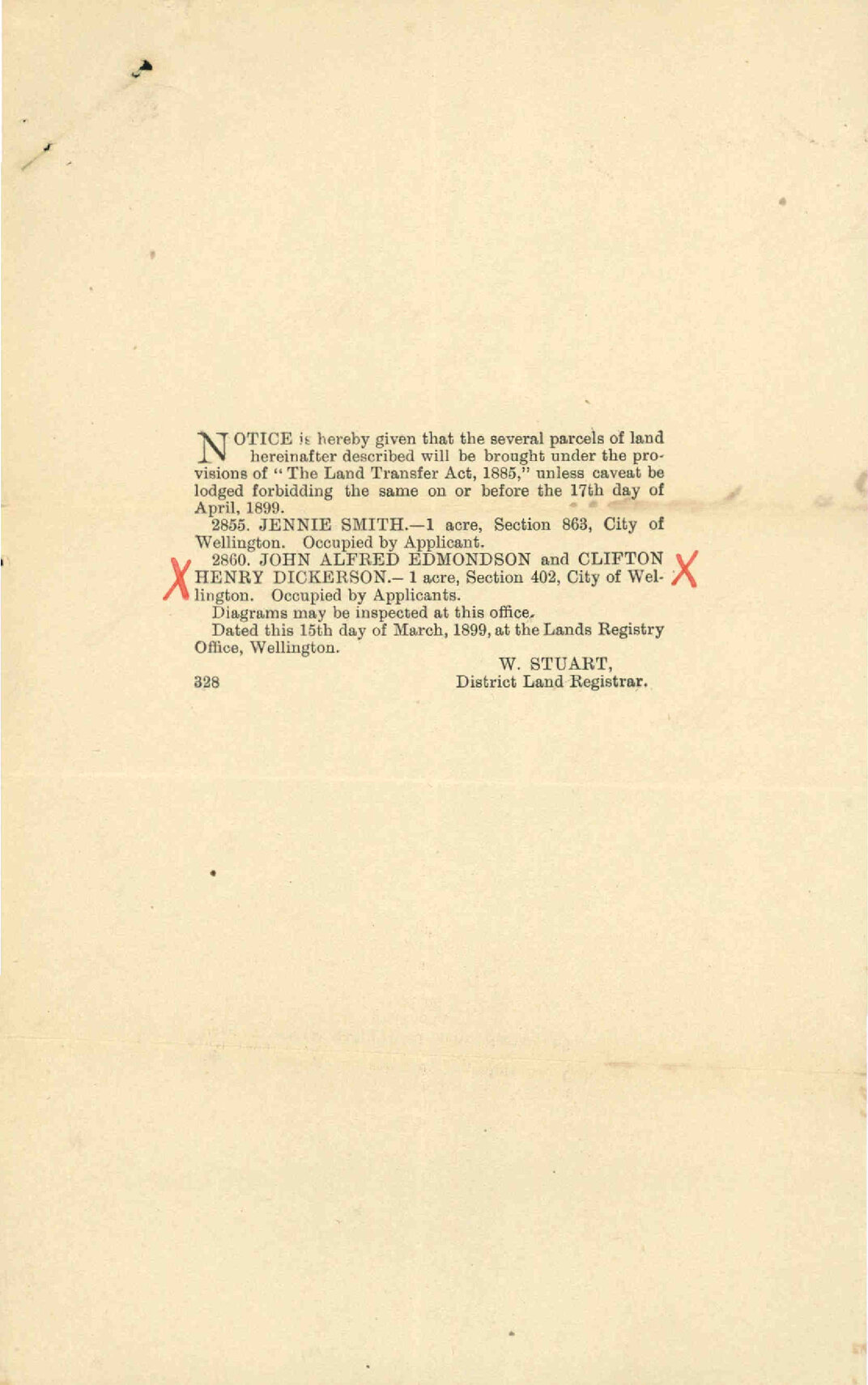Notice regarding [Town] Acre number 402 - District Land Registrar