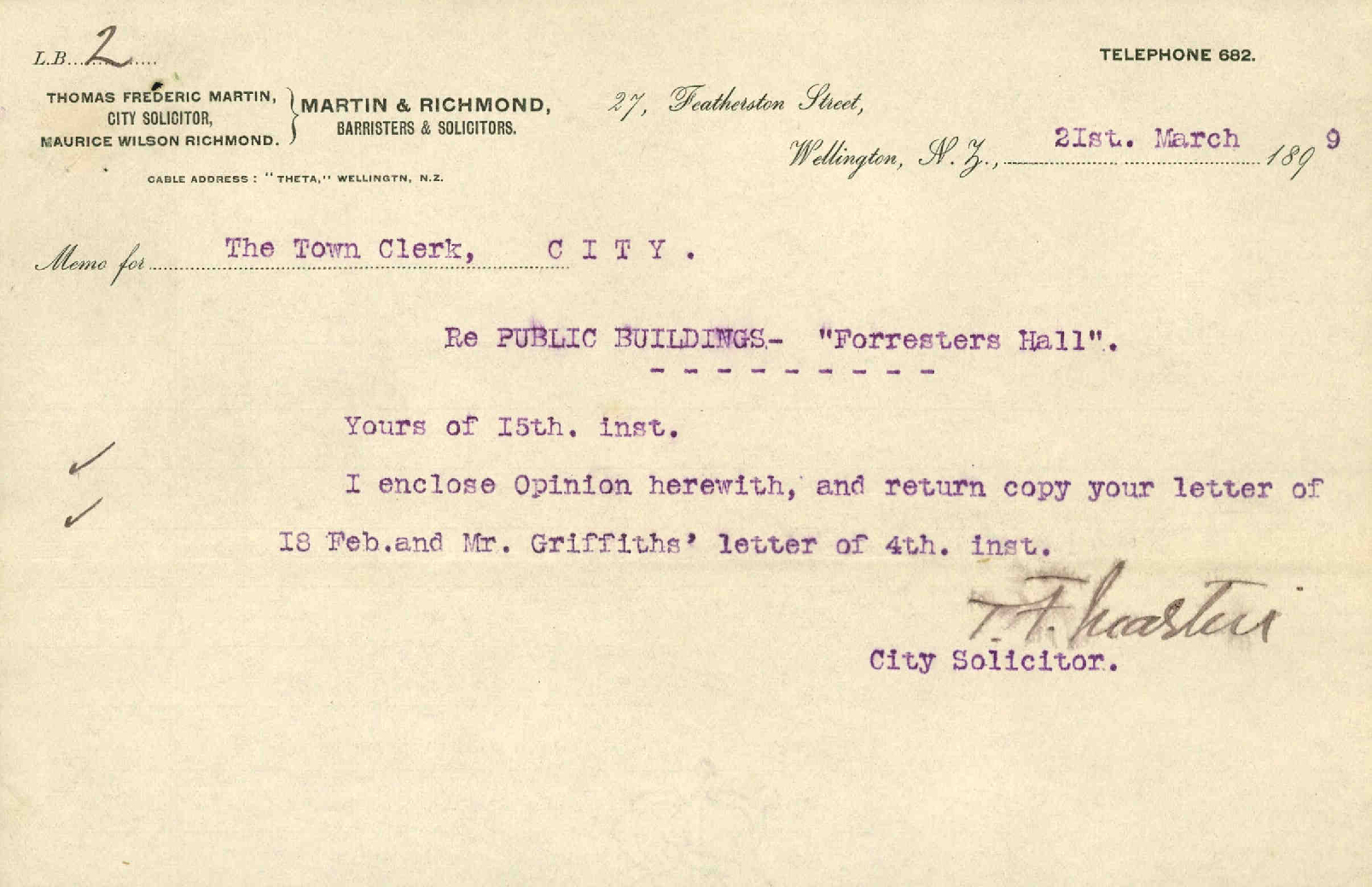 Reply to our enquiry regarding uses of hall - Proprietor, Forester's Hall