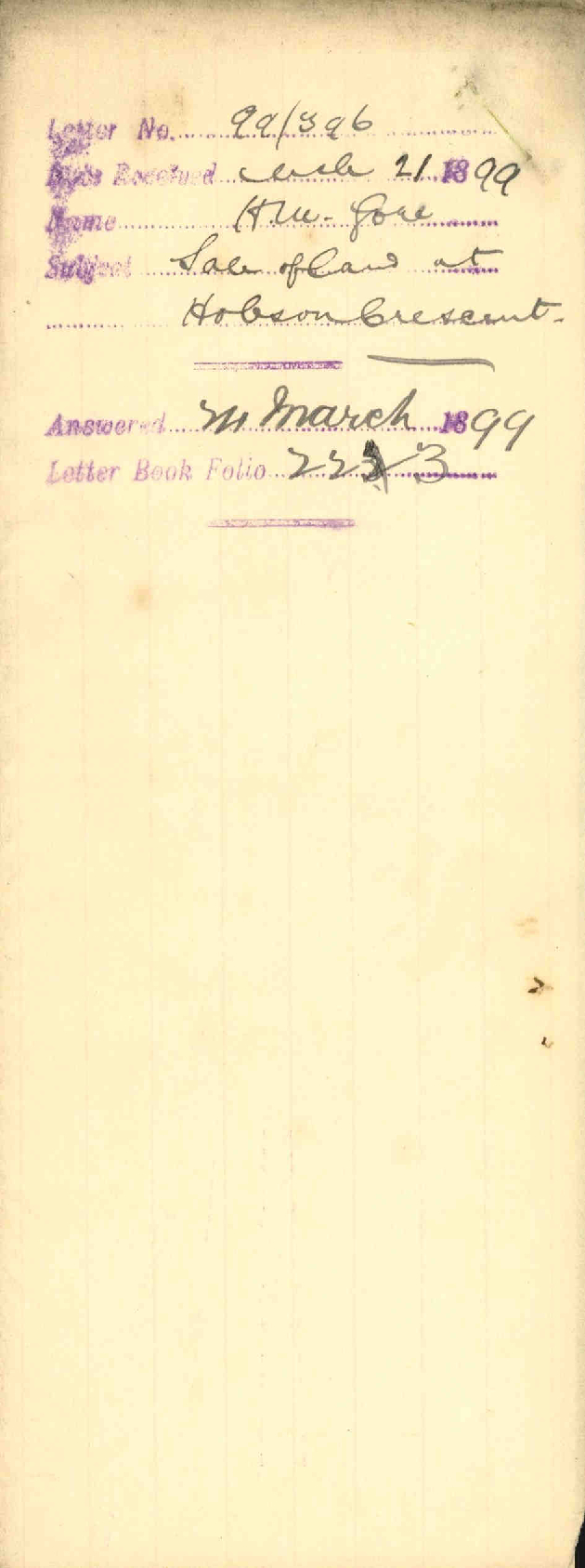 Sale of land at Hobson Crescent - H W Gore