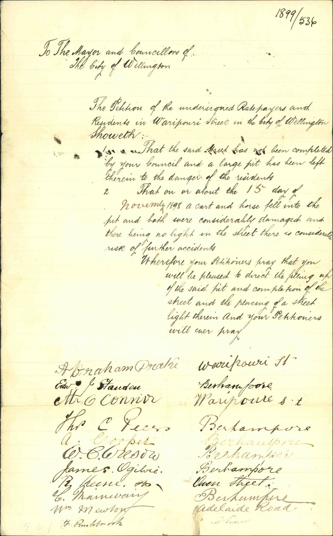 Asking for completion of Waripori Street [Te Wharepōuri Street] - A Drake and others