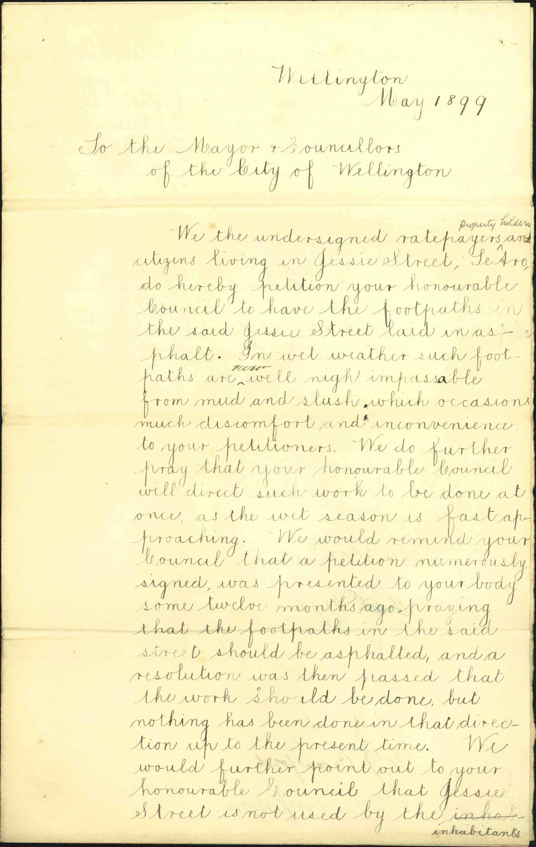 Asking for asphalting in Jessie Street - William Stevens and others