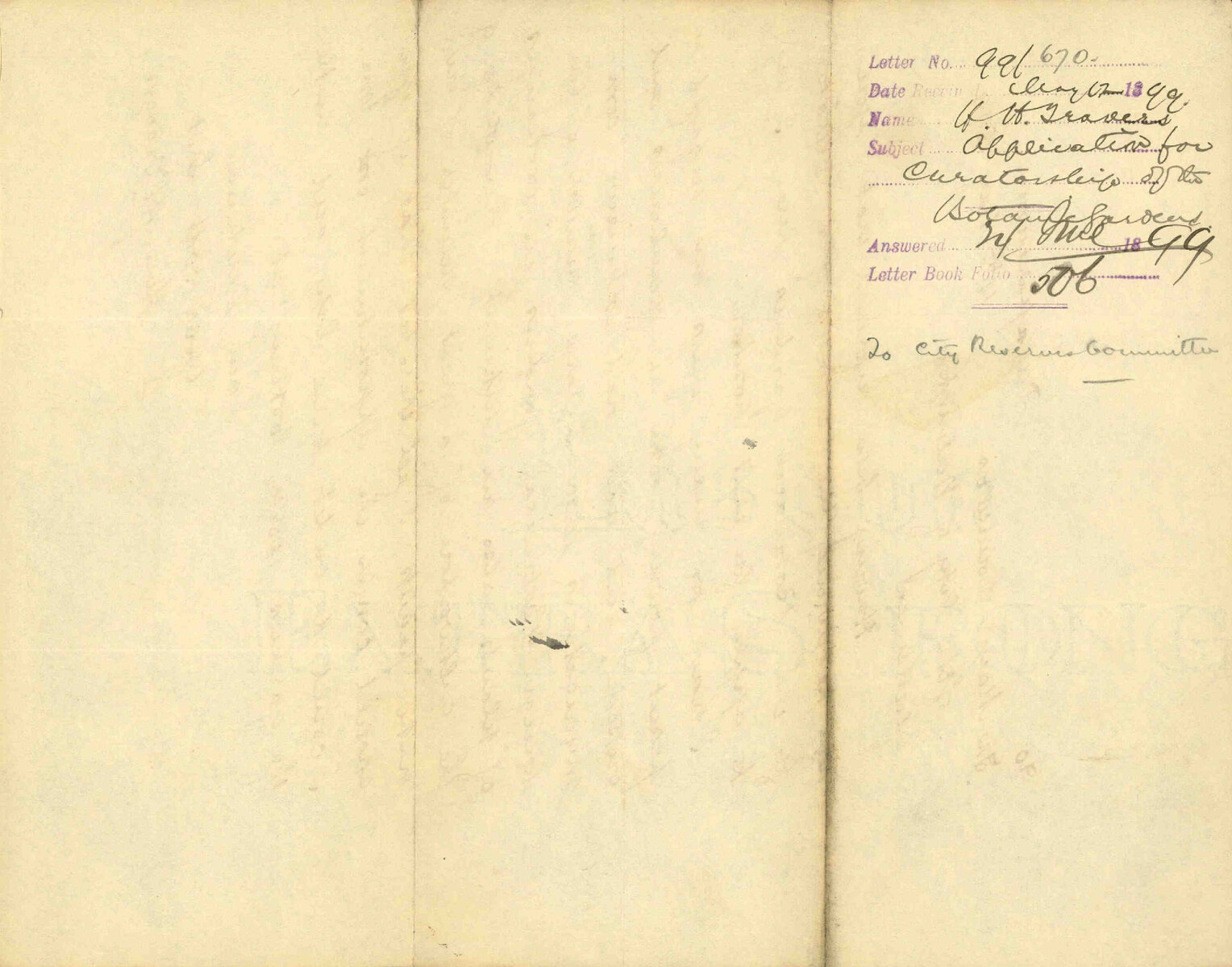 Application for curatorship of the Botanic Gardens - H H Travers