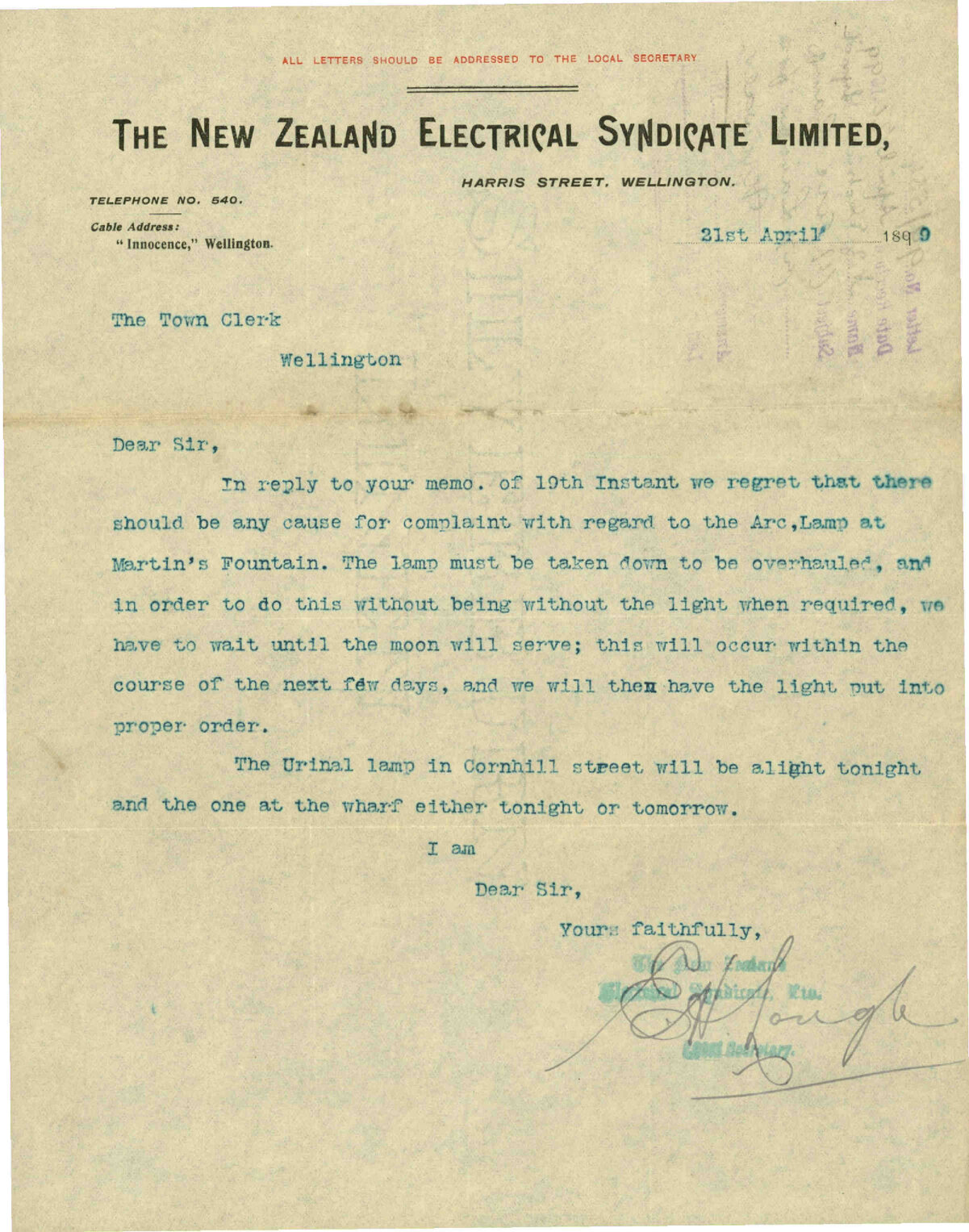 (1) Arc lamps; (2) Lamps for urinals - New Zealand Electrical Syndicate