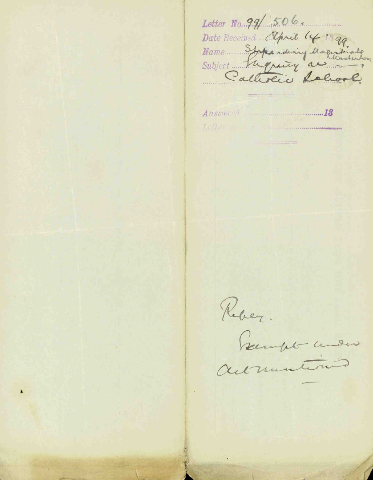 Enquiry regarding Catholic School - Stipendiary Magistrate (Masterton)