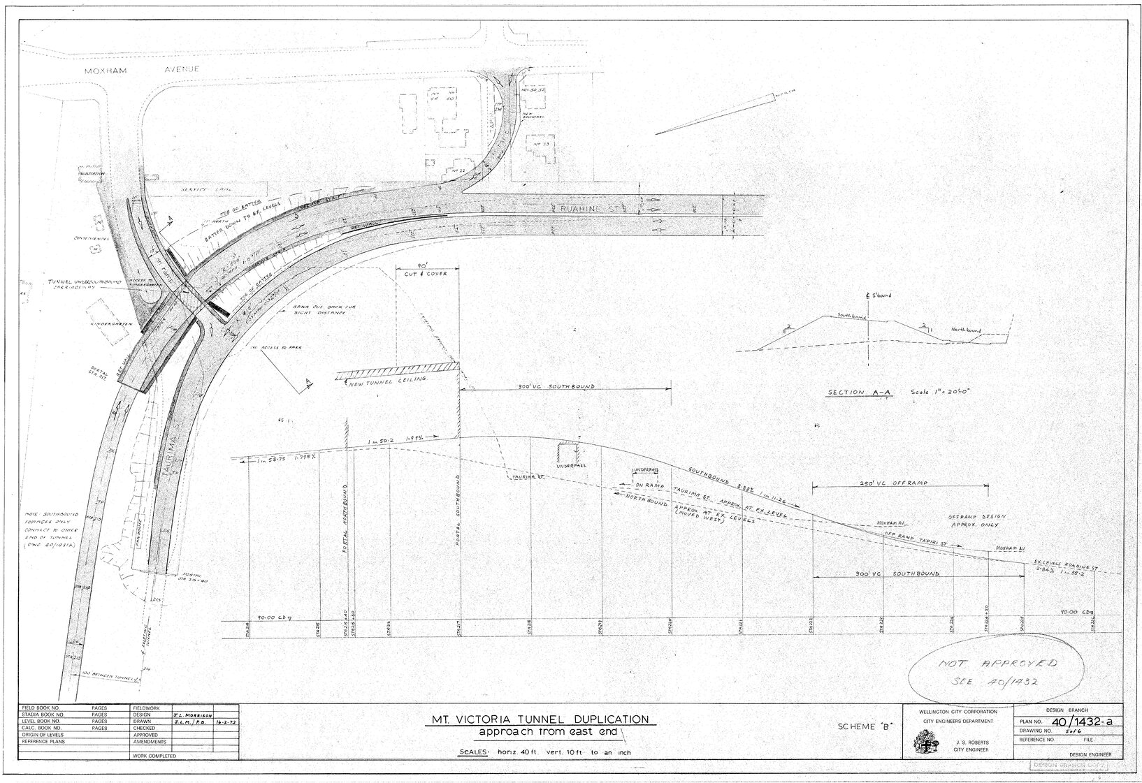 Mount Victoria Tunnel duplication, sheet 5, approach from east end, Scheme B, site plan and longitudinal section