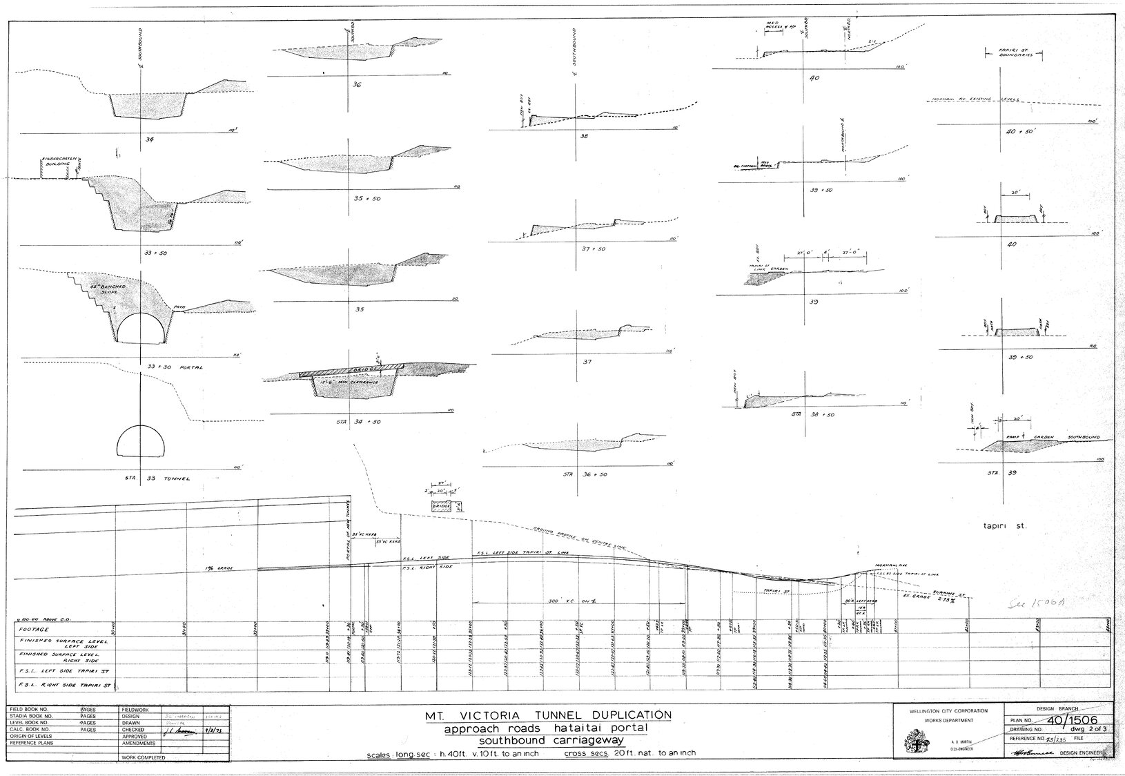 Mount Victoria Tunnel duplication, approach roads, Hataitai portal, south bound carriageway, longitudinal and cross sections