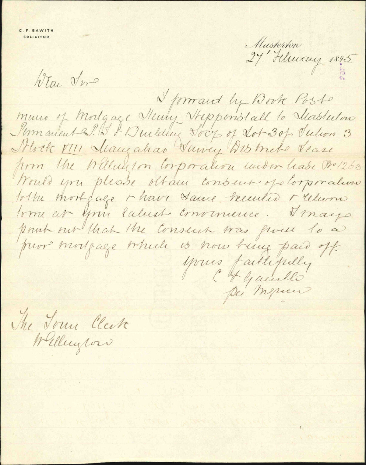 Mortgage, Pahiatua land - C F Gawith, Masterton