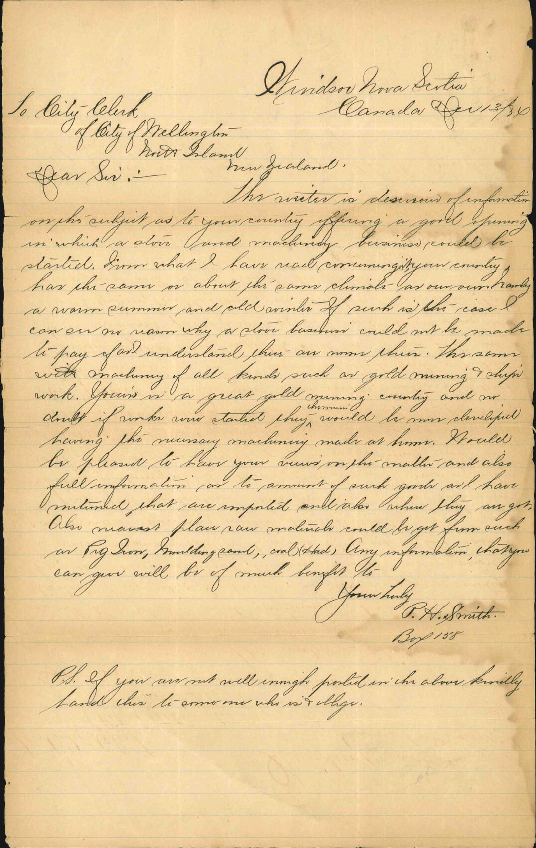 Enquiry regarding trade in New Zealand - P H Smith, Canada