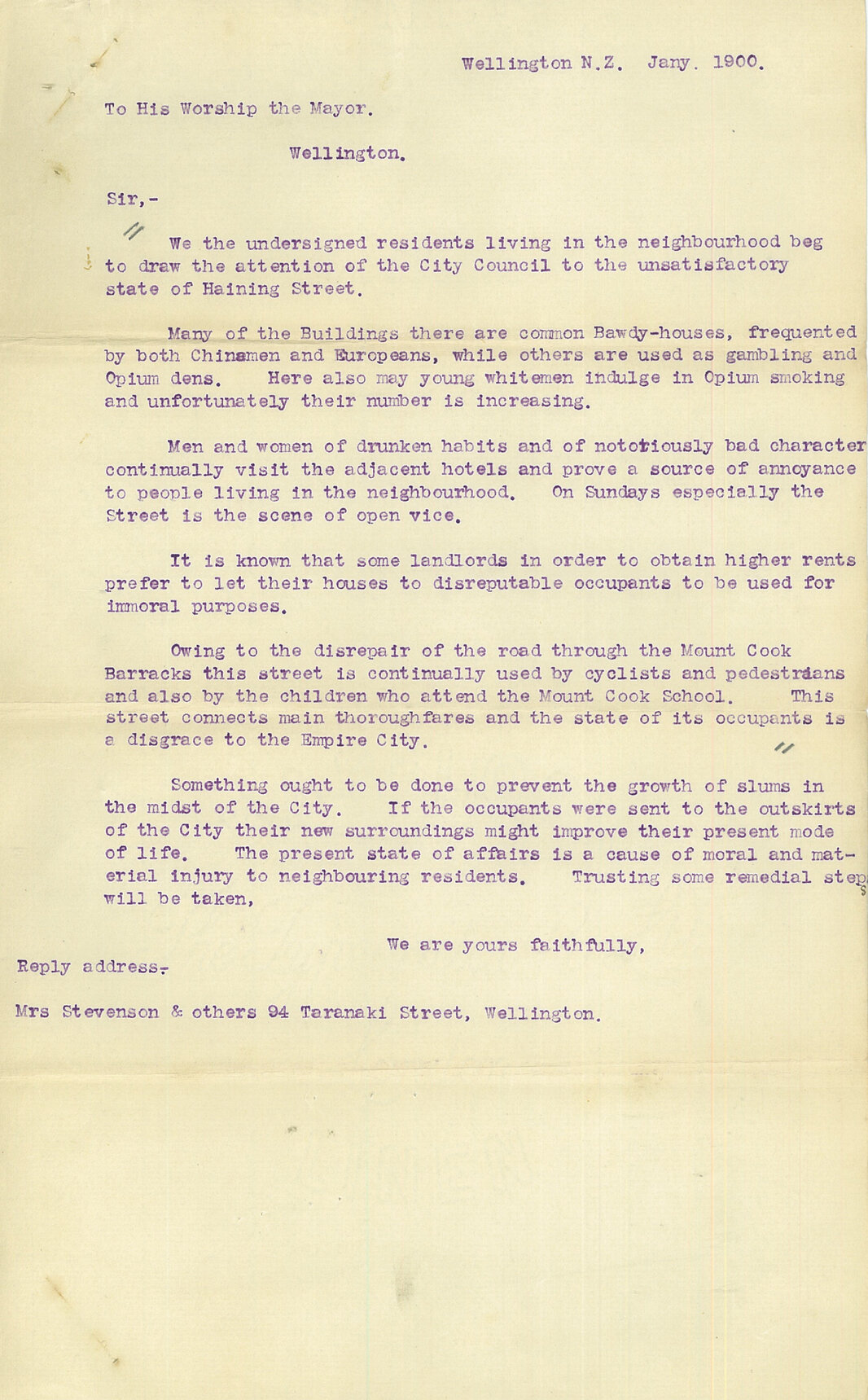 Petition regarding houses in Haining Street - Mrs Stevenson and others