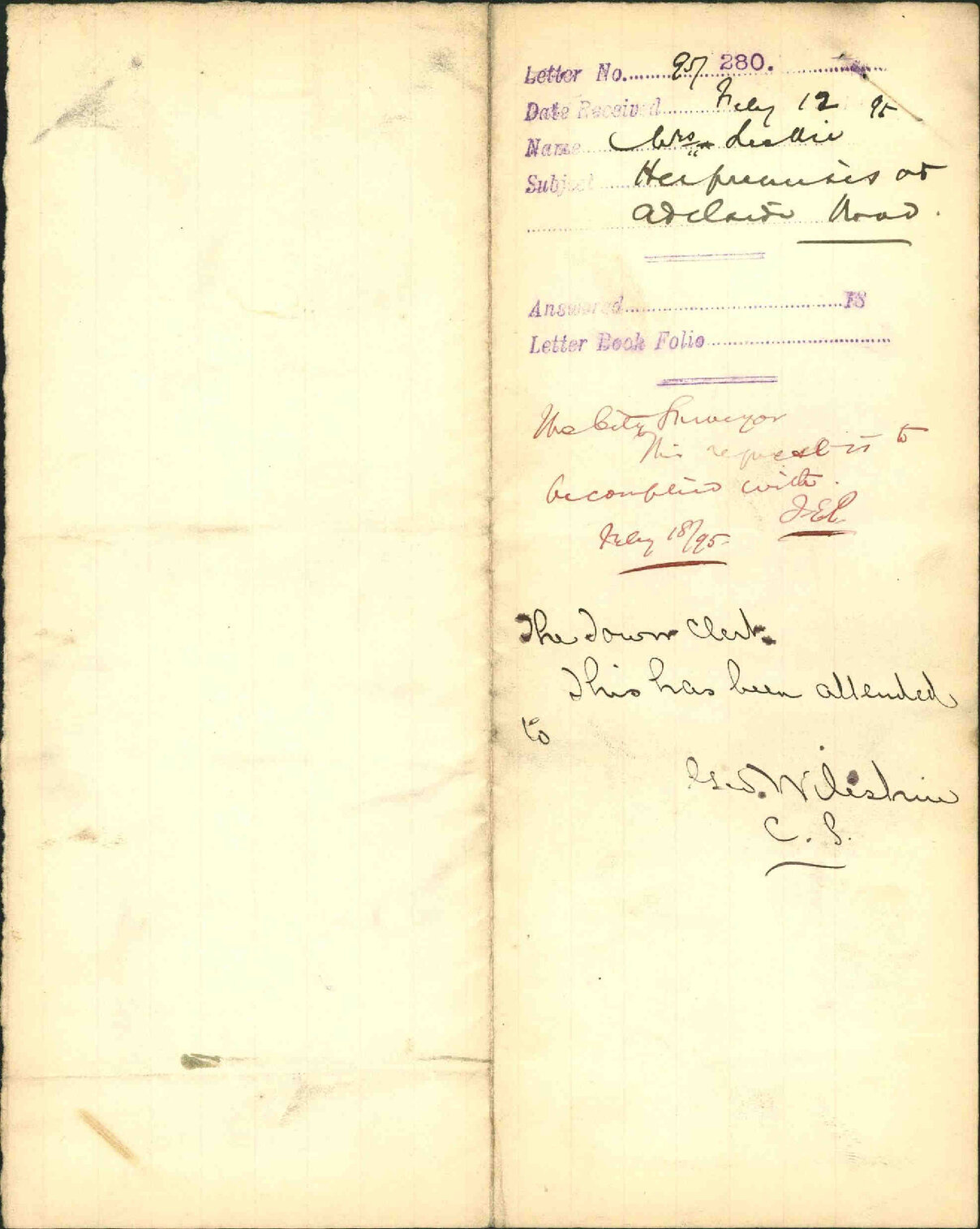 Her premises at Adelaide Road - Mrs Leckie