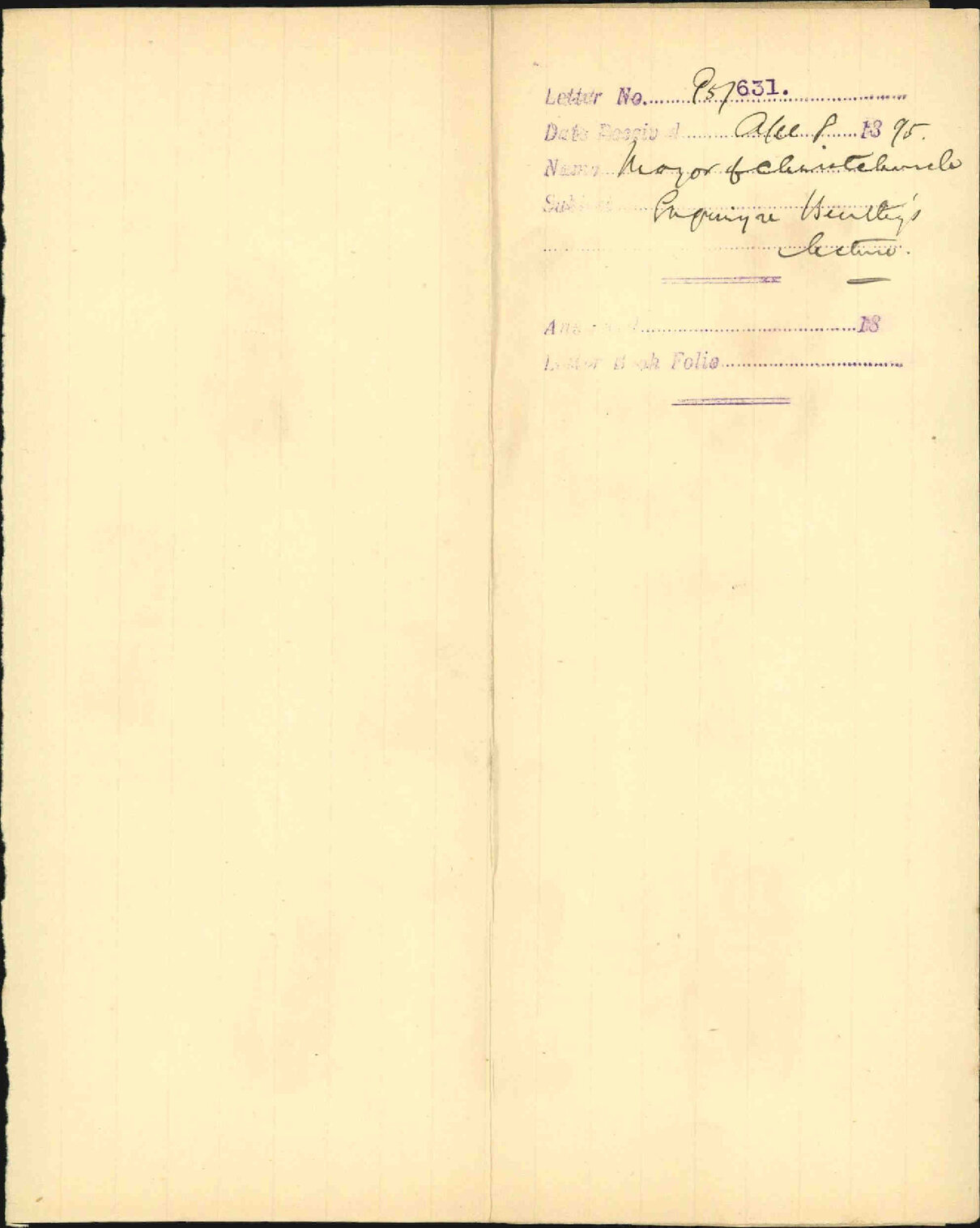 Enquiry regarding Bentley's lecture - Mayor of Christchurch