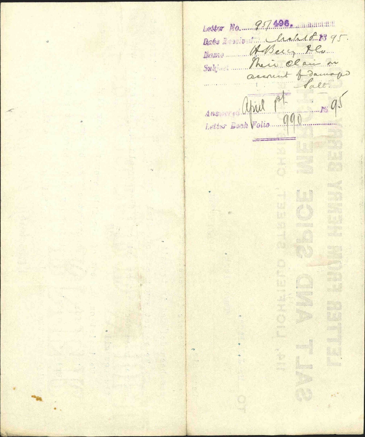 Their claim on account of damaged salt - H Berry &amp; Company
