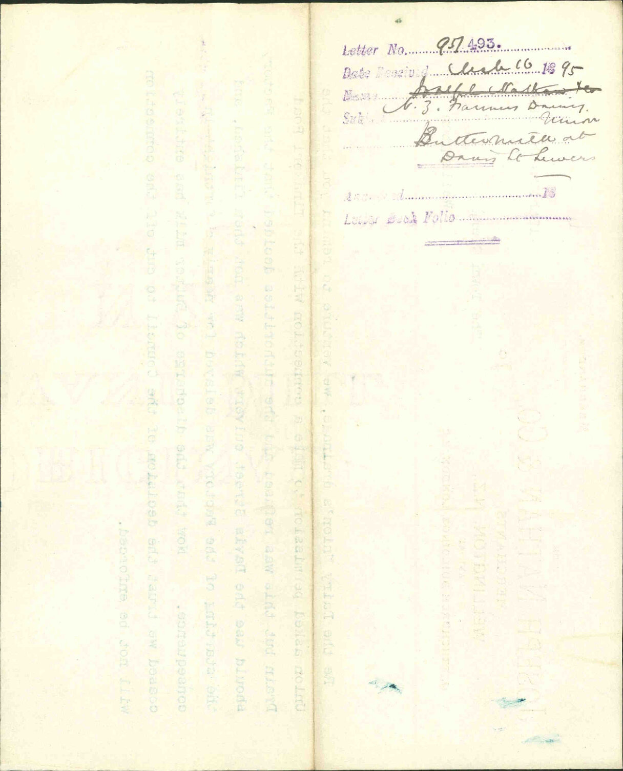Buttermilk at Davis Street sewer - New Zealand Farmers' Dairy Union