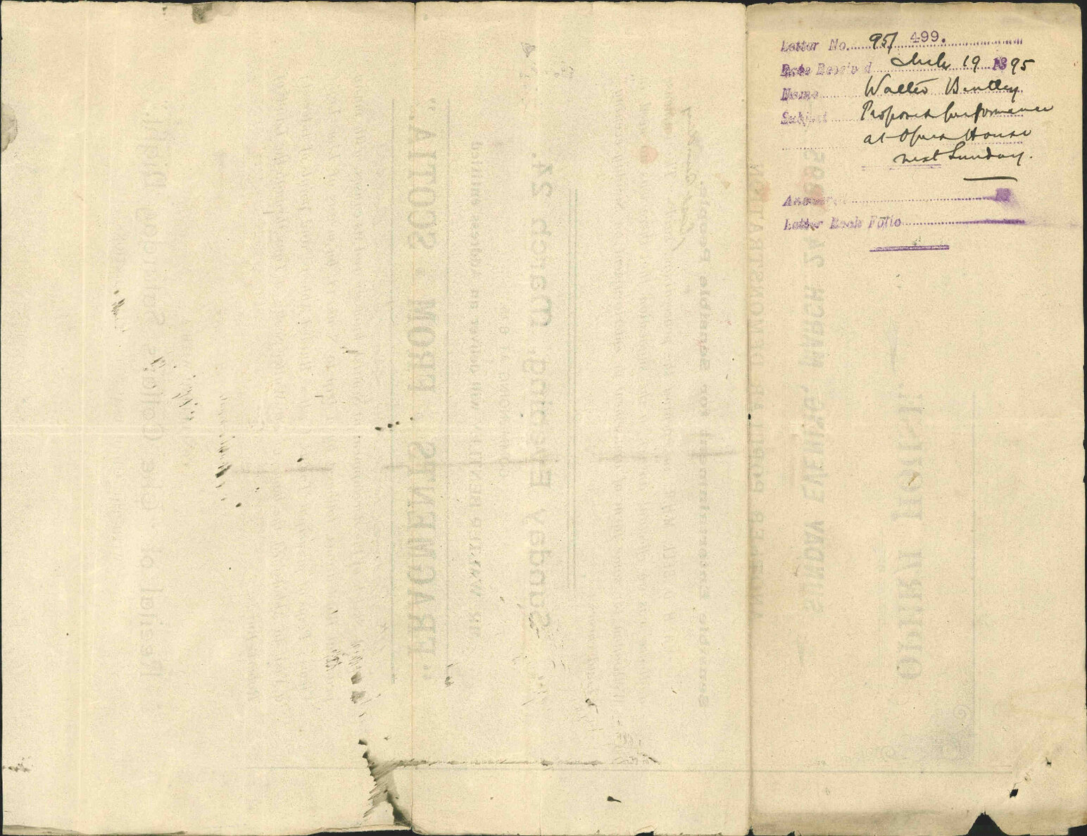 Proposed performance at Opera House next Sunday - Walter Bentley