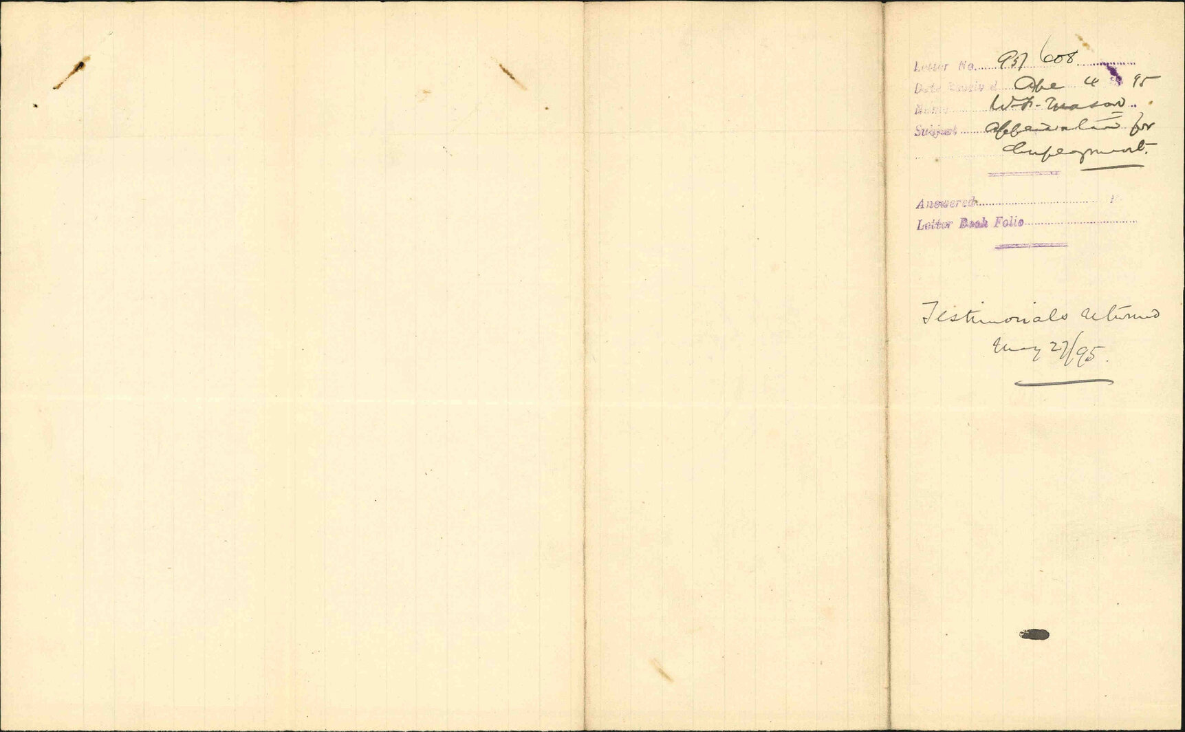 Application for employment - W F Mason
