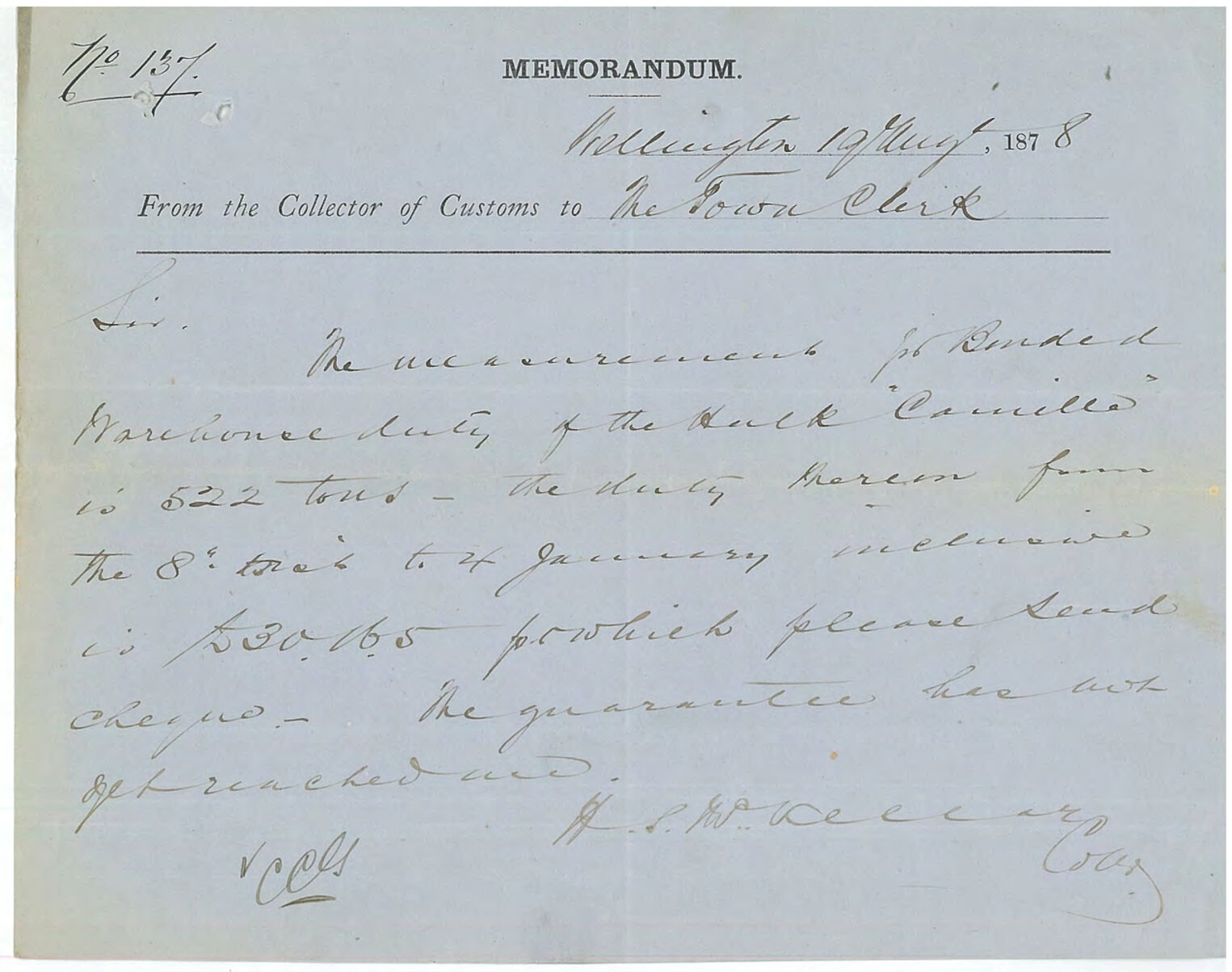 Memo to Town Clerk re licence for hulk Camille - Collector of Customs